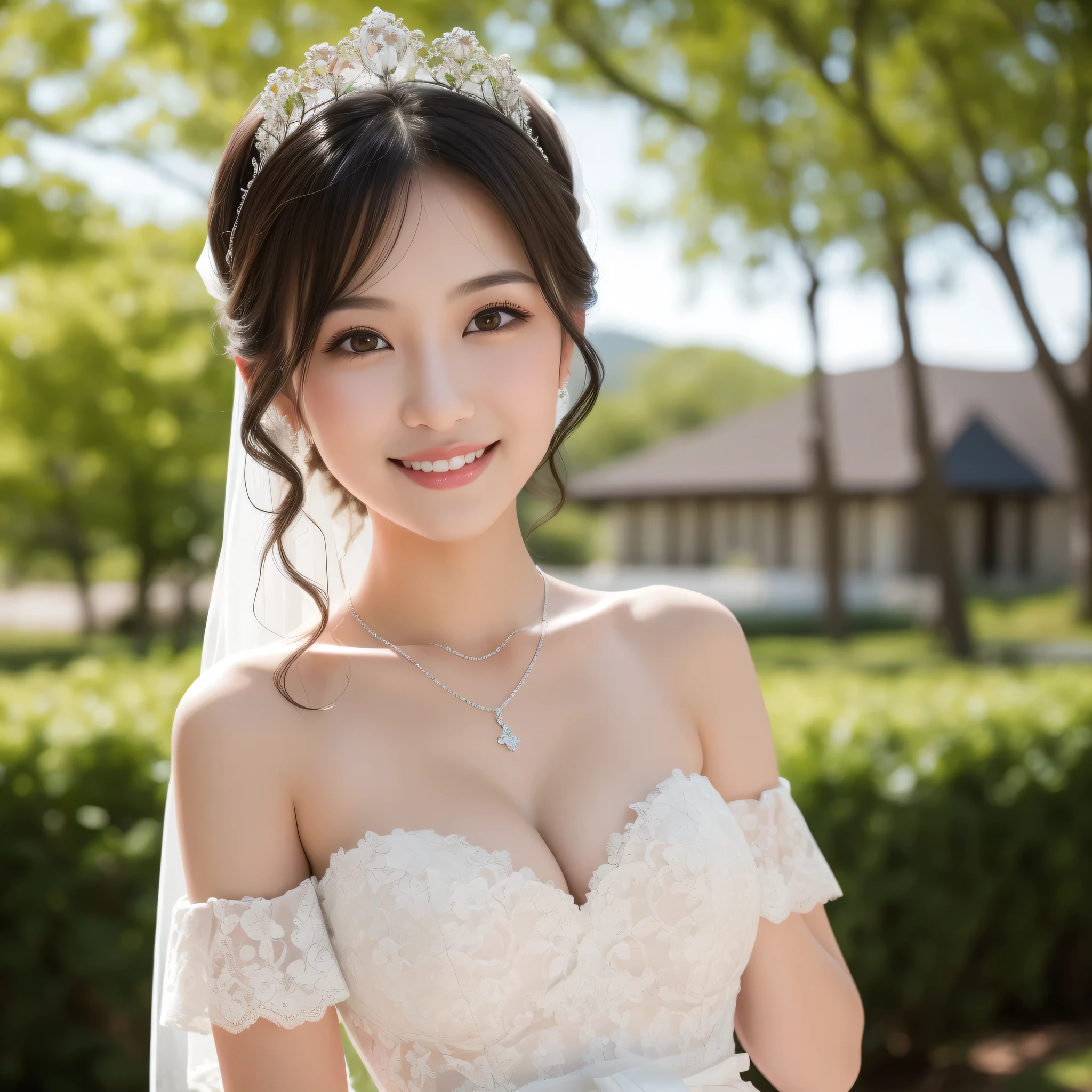 (kawaii face, amazing flat breasts), happy smile, (Beautiful frills and lace cute wedding dress:1.3), (tiaras, necklaces, earrings), Ultra High Definition, Superior Quality, Premier Quality, ultra detailed, Photorealistic, 8k, RAW Photos, highest quality, masterpiece, professional photography, Realistic portrait, Beautiful detailed, Close up portrait of girl, Outdoors, beautiful sight, beautiful scenery, (natural scenery), (Fine face:1.2),