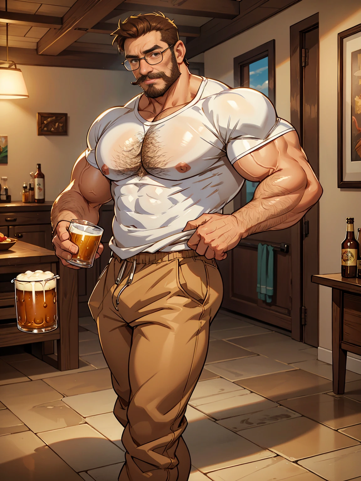 Middle-aged man, masculine face, light brown eyes, short wavy brown hair, drunken expression, with a mustache and no beard, muscular, very hairy body, huge hairy chest, large swollen nipples, huge biceps, shiny oily skin. He is holding a beer mug in his right hand, wearing a wet white shirt, rectangular glasses, beige pants and brown shoes and standing in the living room.