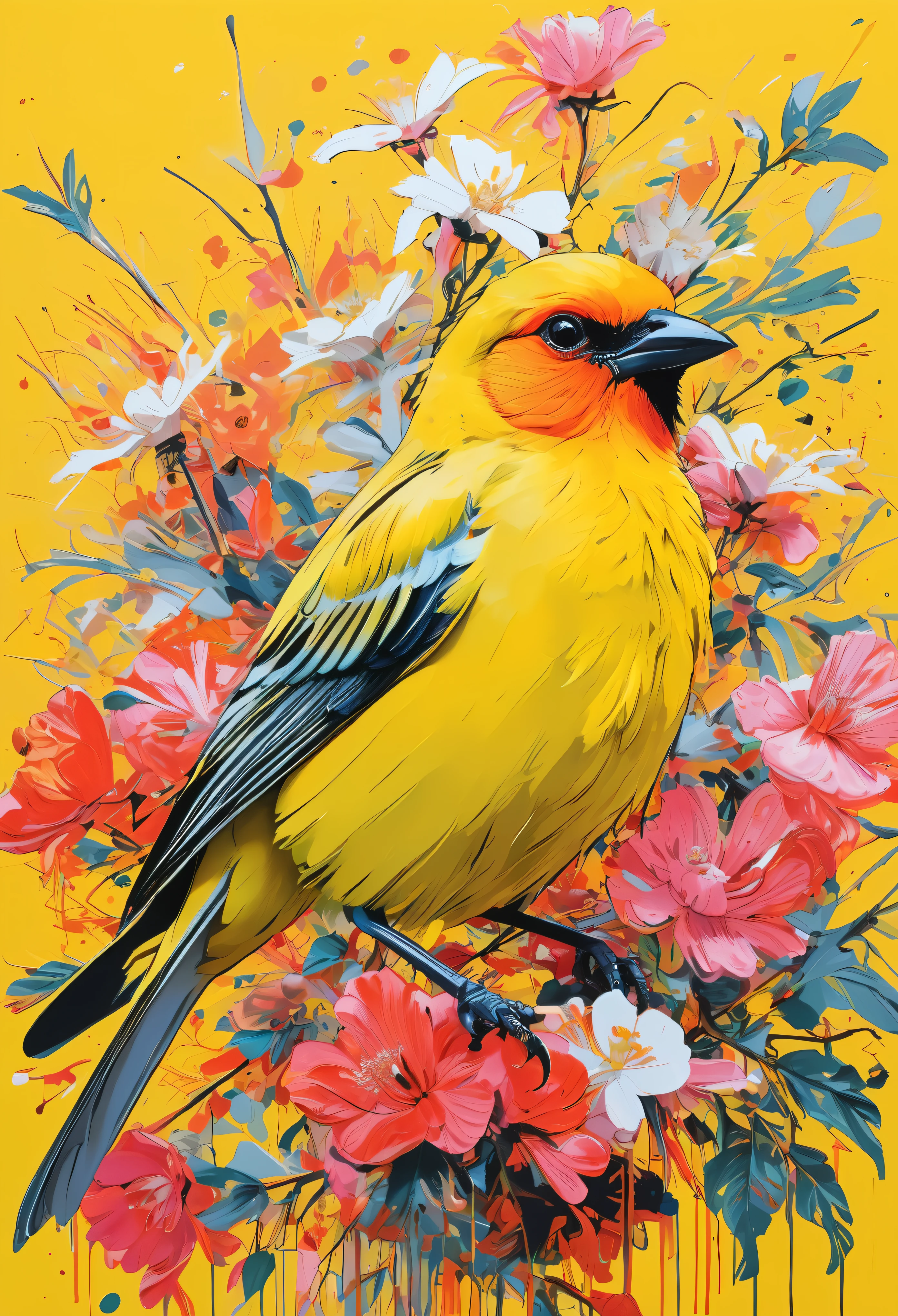 Graffiti, scribble, Comics by Petra Cortright, best quality, masterpiece, yellow bird artwork, Representative work, official art, Professional, Ultra intricate detailed, 8k, yellow bird art, colourful background 