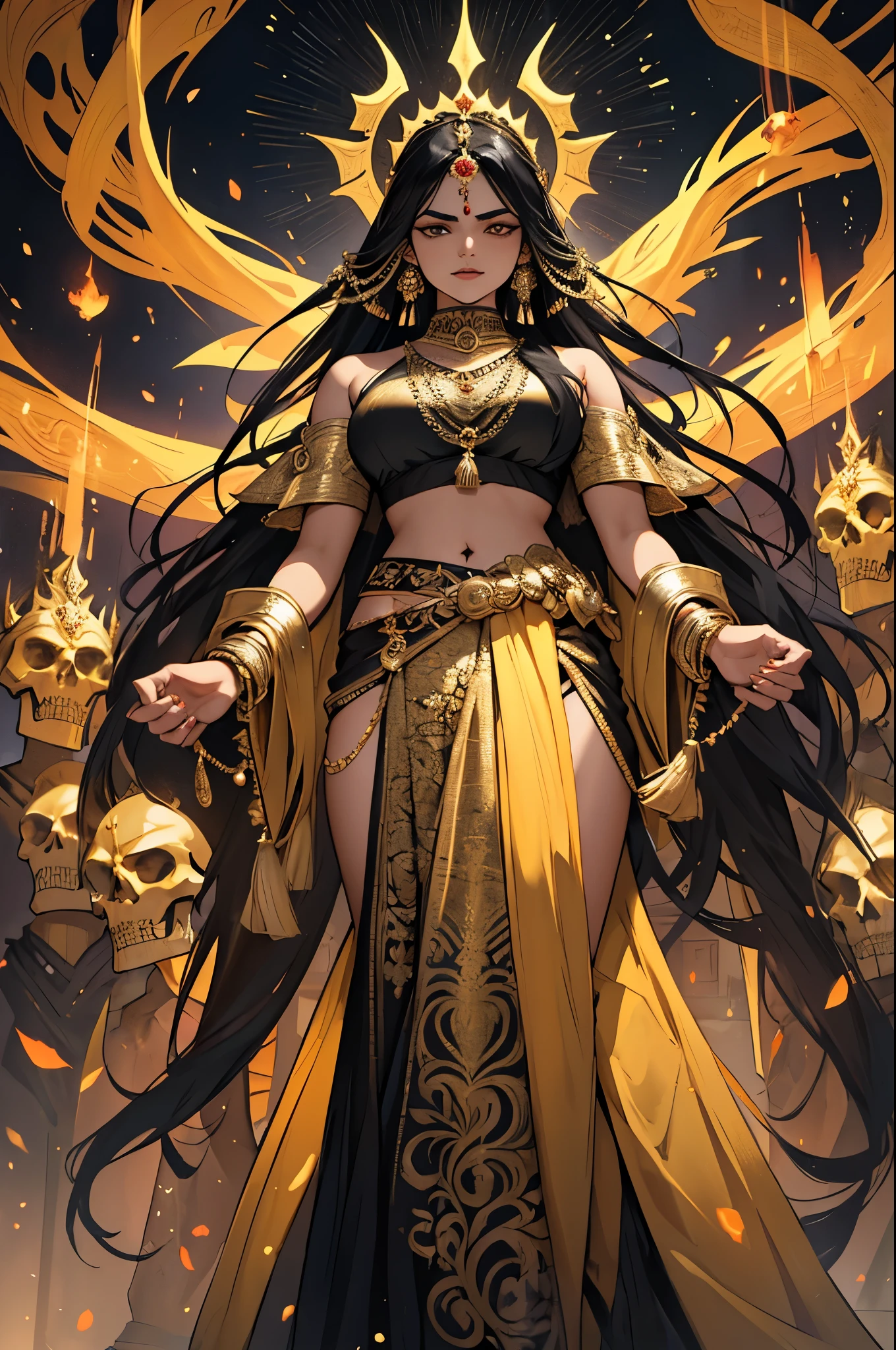 Draw Neha Sharma (Kali) in a regal and commanding pose. She stands tall with a vibrant, fiery aura glowing intensely around her. Her dark sari with gold embroidery and her accessories with small skulls add to her noble and powerful appearance. Her angular and defined features and ebony-black eyes emphasize her divine and commanding presence, reflecting her mythic abilities and noble heritage.