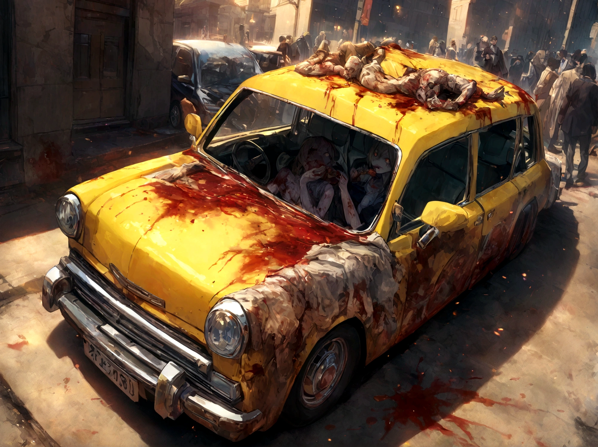 Zombie Car, Eating humans, Blood,  Blood Sparks, Detailed and Indicative, 12k HD