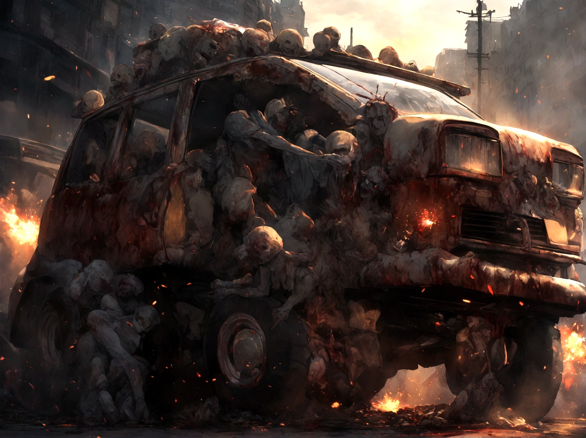 Zombie Car, Eating humans, Blood, Blood Sparks, Detailed and Indicative, 12k HD