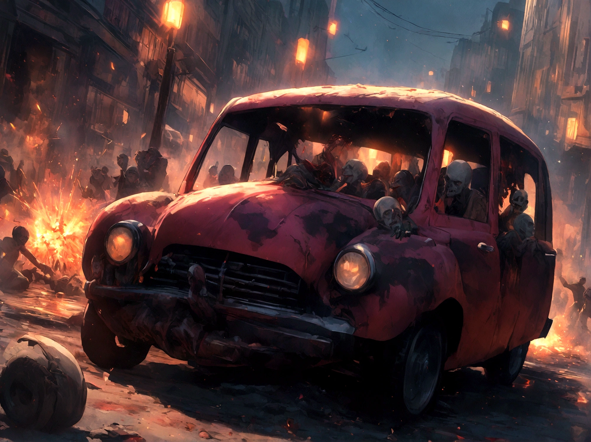 Zombie Car, Eating humans, Blood, Blood Sparks, Detailed and Indicative, 12k HD