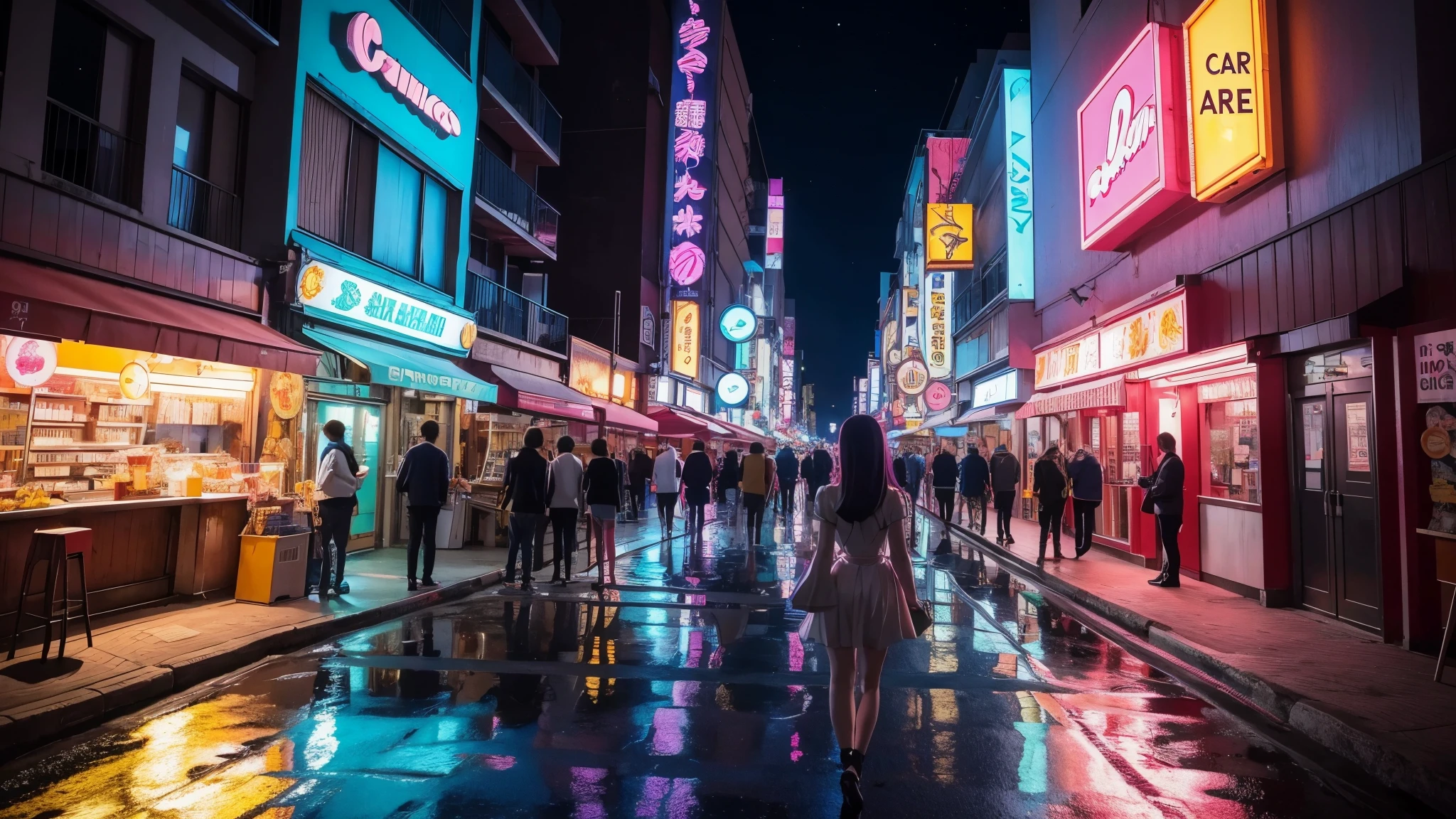 cute anime grirl, desenho, mango, night, cyberpunk, retrowave scene, anime, 16x9, city night, estudantes, fliperamas, neon, pouca roupa, Photogenic, exibicionista, 2d, colorido, arcade, uma garota em uma cidade de neon retrowave , personagens de anime, anime style, 2d, desenhado, not 3d, unrealistic.