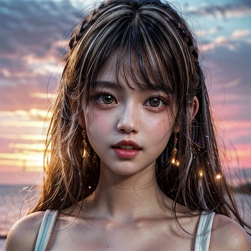 Tiny girl wearing red tube-top dress, Stroll along evening Beach, (Acutance:0.85), Masterpiece of 8K Ultra-detailed, (VolumetricLighting), SmoothShading, (RAW photorealistic:1.37), (Close-up:1.4), (Gazing at the sunseting colorful sky) (Dazzling bokeh:1.25), { (Golden ray illuminating face) | (Vivid Photon Particles:1.26) | (Gust of wind) } . (((Extremely detailed a face variation of NOGIZAKA girls))), perfect ???????, Childish, captivating gaze, elaborate detailed Eyes with (sparkling highlights:1.3), long eyelashes、Glossy RED Lips with beautiful details, Coquettish tongue, Rosy cheeks, ((Radiant natural skin with clear transparency)) , smooth hair. { (Dynamic joyful expressions) | (:d) }, (no Large eyes, no tree).