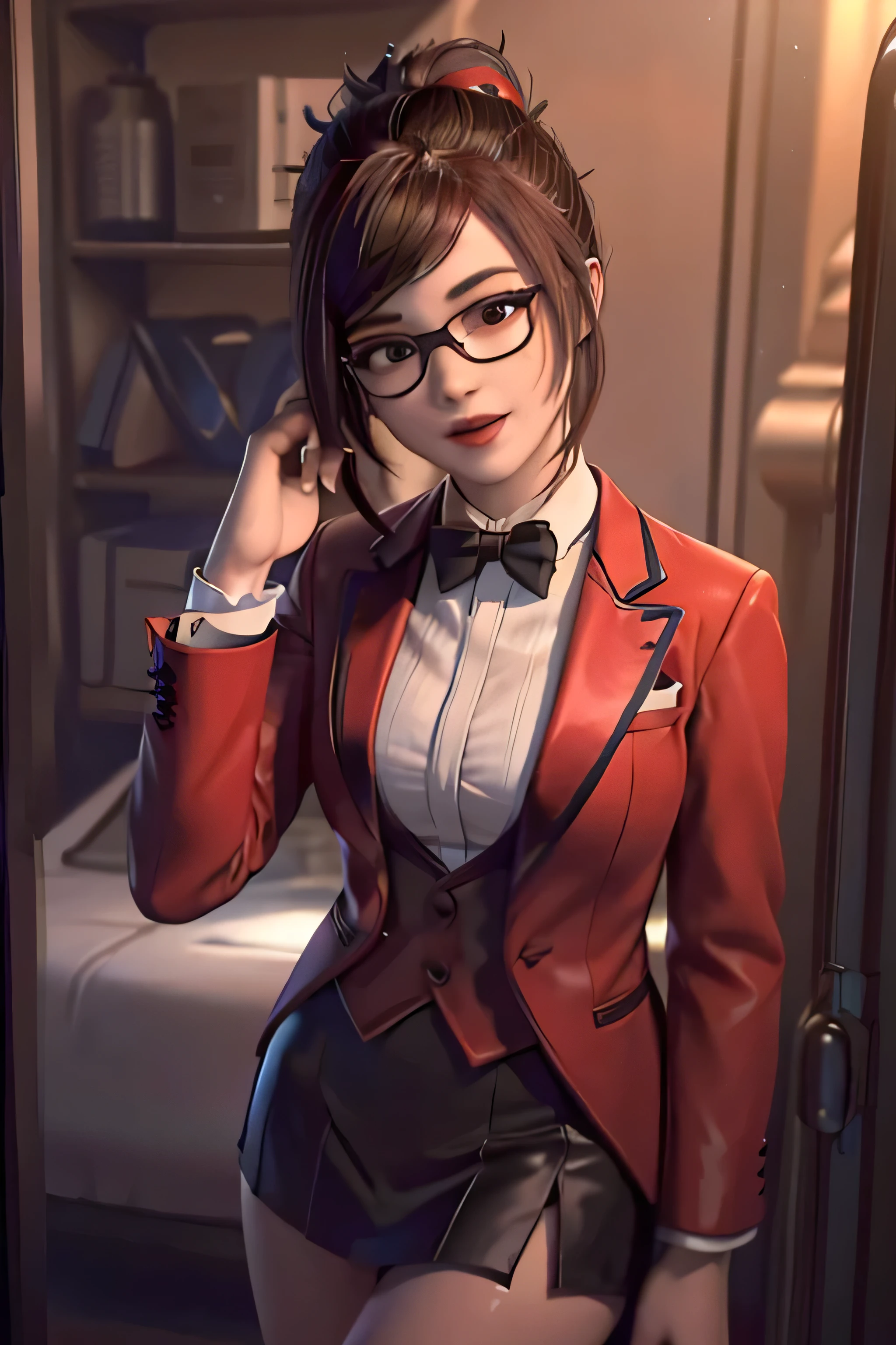 realistic, realism, photorealism, photo-realistic, high contrast, (photorealistic:1.4), 8k high definition detailed realistic,  (best quality, masterpiece:1.2),  photon mapping, radiosity, physically-based rendering, best quality, highly detailed, 1girl, owmei, skirt suit, (((red tuxedo))), (((three-piece tuxedo))), dress shirt, (((black bowtie))), ((red blazer)), ((dinner jacket)), (((bbodycon pencil miniskirt))), formal, (((red lipstick))), (((smile))), (((hair up))), (((hair bun))), glasses, professional, (((high collar))), (((tailored bespoke suit))), (((hair pin))), bedroom eyes, smirk, confident, cufflinks, (((shiny clothes))), (((pushing hair over ear))), (((shiny lapel))), (((mascara))), (((dark eyeshadow)))