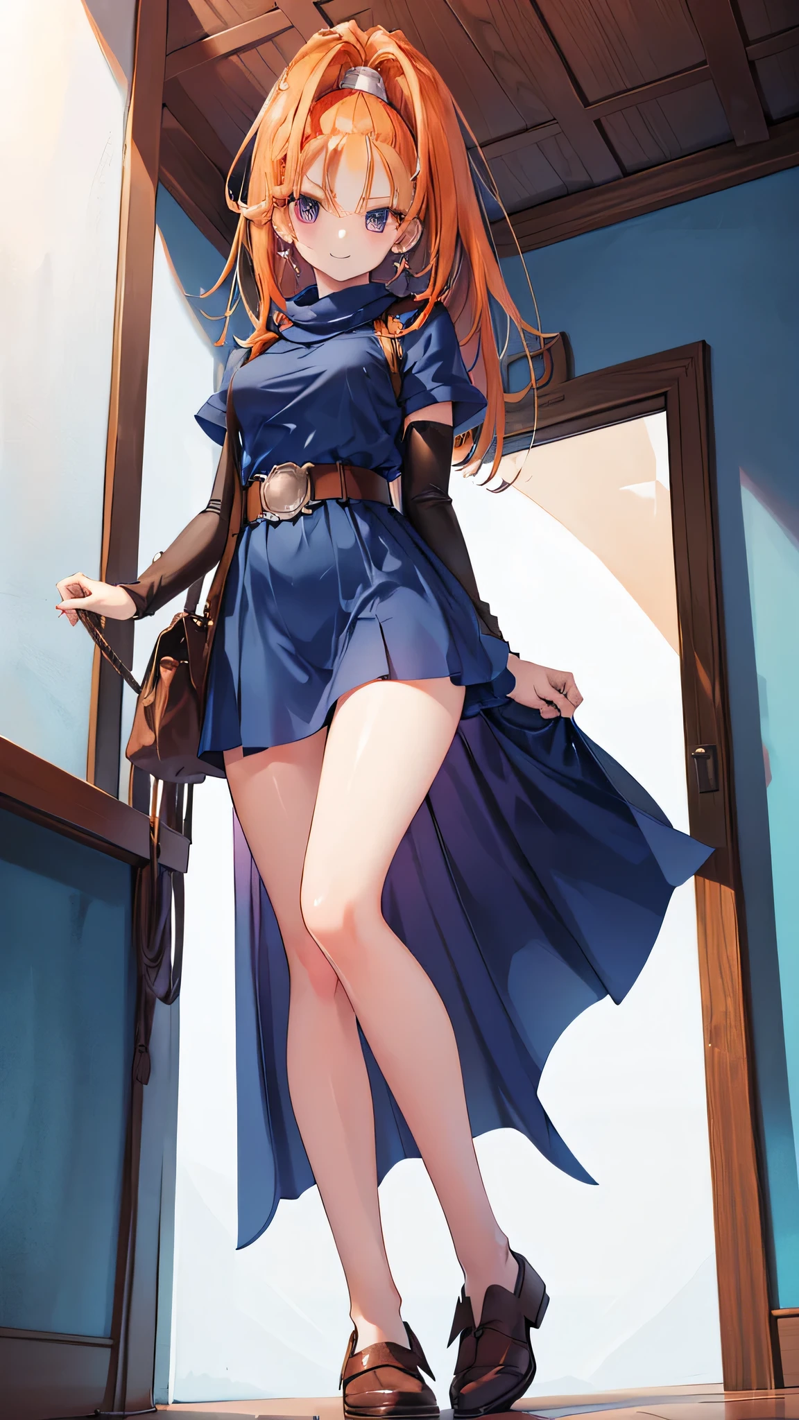 focus crotch, High resolution、One Girl、low length、Slender、Navy blue short robe、belt、DQ6 Barbara、High Ponytail、(((Beautiful fair skin)))、Orange Hair、Thighs、Angle from below、seductive smile, footjob