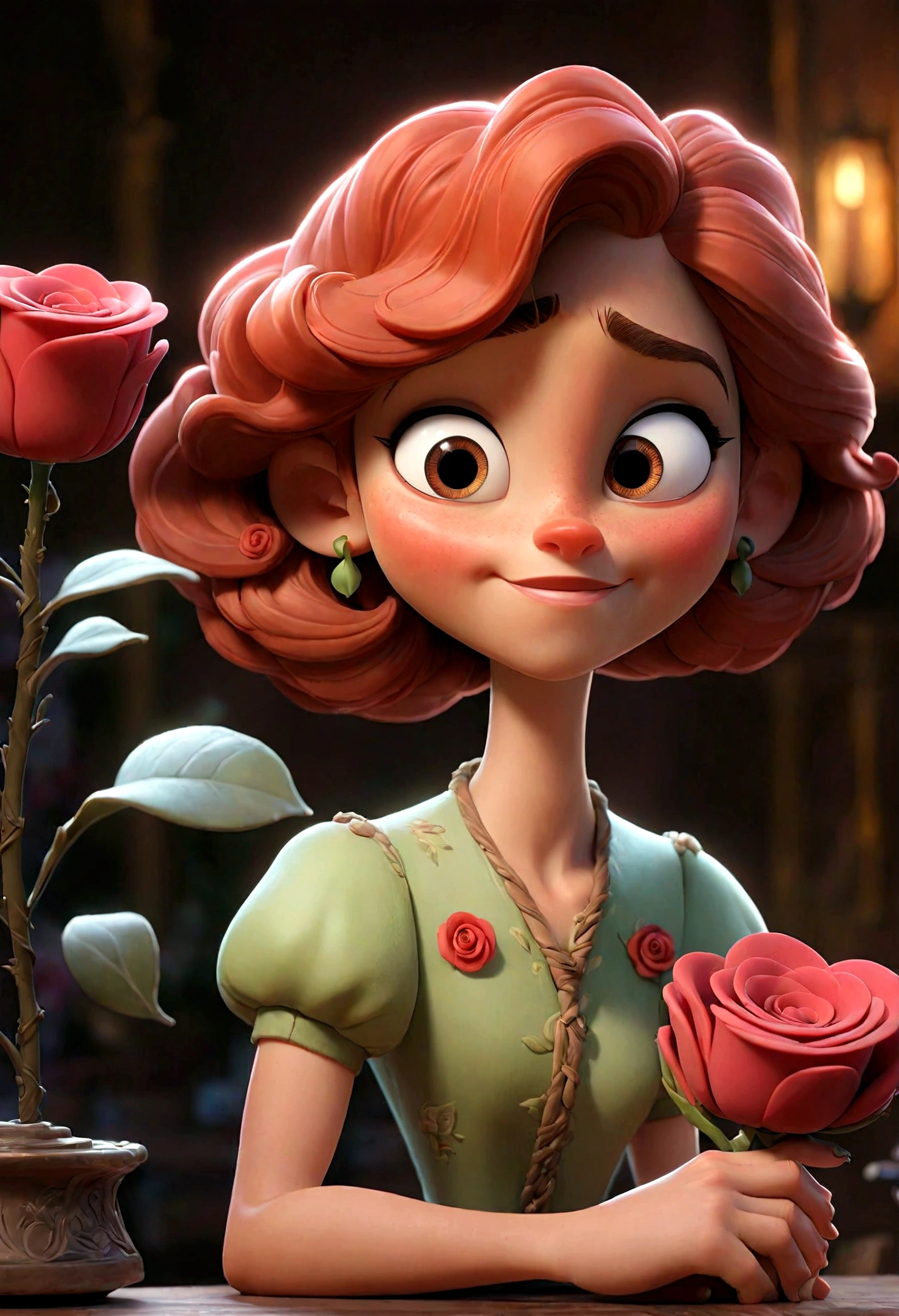 Envision a heartwarming scene straight out of a Pixar animation, a 32k UHD photo that has extremely high details, In a cozy, softly-lit tower room, adorned with whimsical trinkets and glowing with the warm hues of sunset filtering through the window, a young woman gazes dreamily at a vibrant red rose. The rose, a gift from the king's brave and charming son, glimmers with a magical sheen, each petal rendered in Pixar's signature style - vivid, lifelike, yet imbued with a touch of fantasy. The woman, designed with Pixar's distinctive blend of realism and caricature, has expressive eyes filled with hope and affection. As she tenderly touches the rose, her face lights up with an animated smile, reflecting her longing and the sweet memory of their encounter at the ball. The scene is filled with rich, saturated colors and soft lighting, creating an ambiance of romantic anticipation, while the intricate details of the room and the rose showcase Pixar's mastery in crafting visually stunning and emotionally captivating narratives.