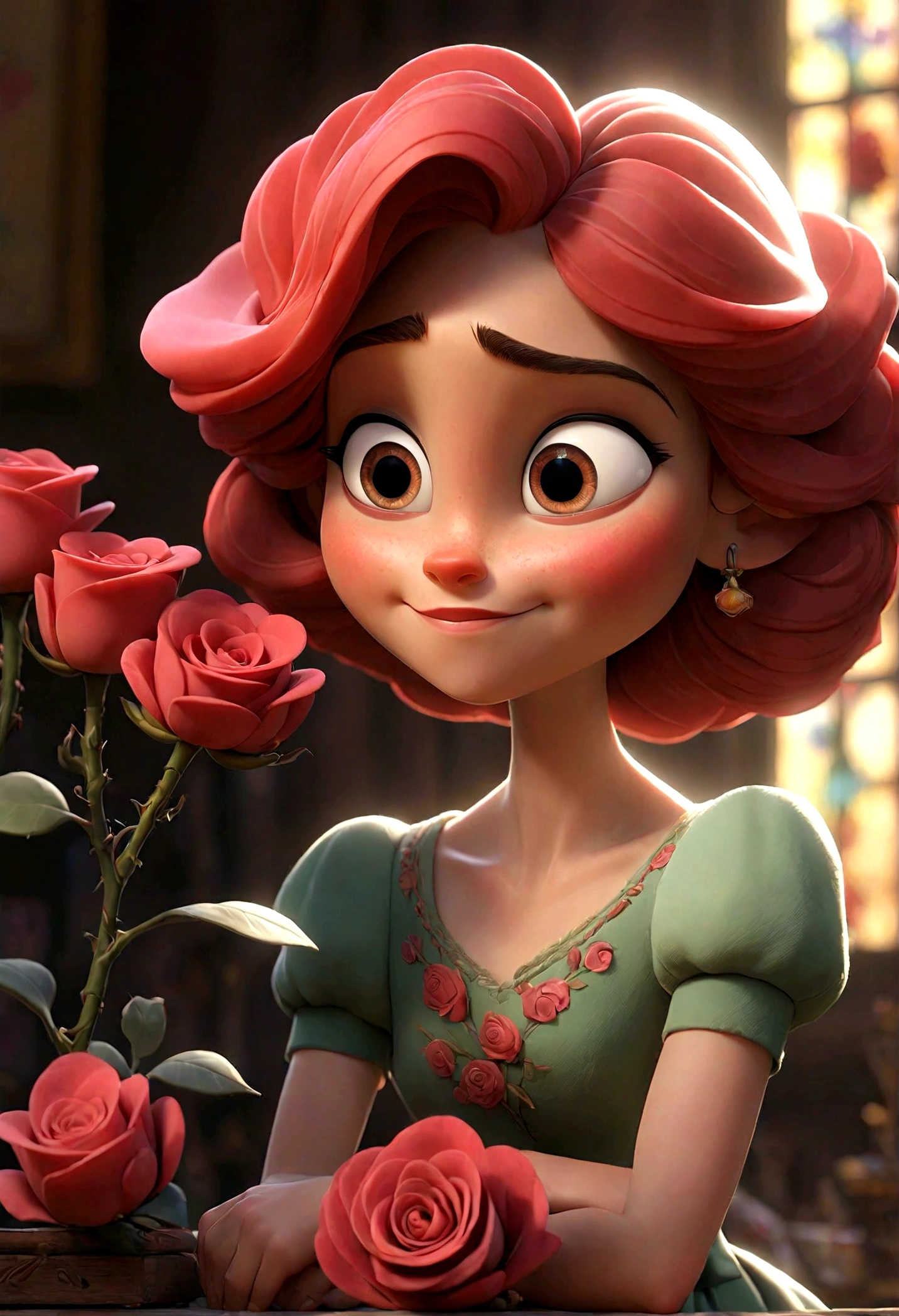 Envision a heartwarming scene straight out of a Pixar animation, a 32k UHD photo that has extremely high details, In a cozy, softly-lit tower room, adorned with whimsical trinkets and glowing with the warm hues of sunset filtering through the window, a young woman gazes dreamily at a vibrant red rose. The rose, a gift from the king's brave and charming son, glimmers with a magical sheen, each petal rendered in Pixar's signature style - vivid, lifelike, yet imbued with a touch of fantasy. The woman, designed with Pixar's distinctive blend of realism and caricature, has expressive eyes filled with hope and affection. As she tenderly touches the rose, her face lights up with an animated smile, reflecting her longing and the sweet memory of their encounter at the ball. The scene is filled with rich, saturated colors and soft lighting, creating an ambiance of romantic anticipation, while the intricate details of the room and the rose showcase Pixar's mastery in crafting visually stunning and emotionally captivating narratives.