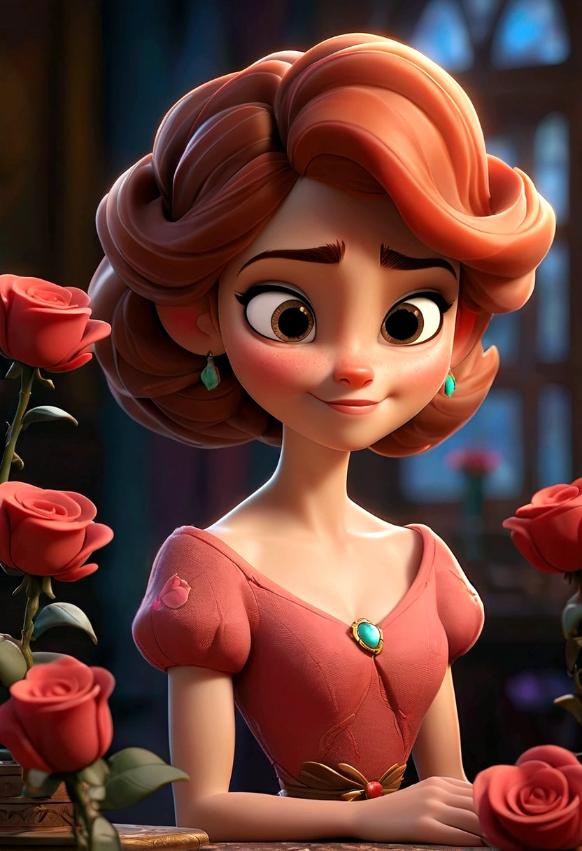 Envision a heartwarming scene straight out of a Pixar animation, a 32k UHD photo that has extremely high details, In a cozy, softly-lit tower room, adorned with whimsical trinkets and glowing with the warm hues of sunset filtering through the window, a young woman gazes dreamily at a vibrant red rose. The rose, a gift from the king's brave and charming son, glimmers with a magical sheen, each petal rendered in Pixar's signature style - vivid, lifelike, yet imbued with a touch of fantasy. The woman, designed with Pixar's distinctive blend of realism and caricature, has expressive eyes filled with hope and affection. As she tenderly touches the rose, her face lights up with an animated smile, reflecting her longing and the sweet memory of their encounter at the ball. The scene is filled with rich, saturated colors and soft lighting, creating an ambiance of romantic anticipation, while the intricate details of the room and the rose showcase Pixar's mastery in crafting visually stunning and emotionally captivating narratives.