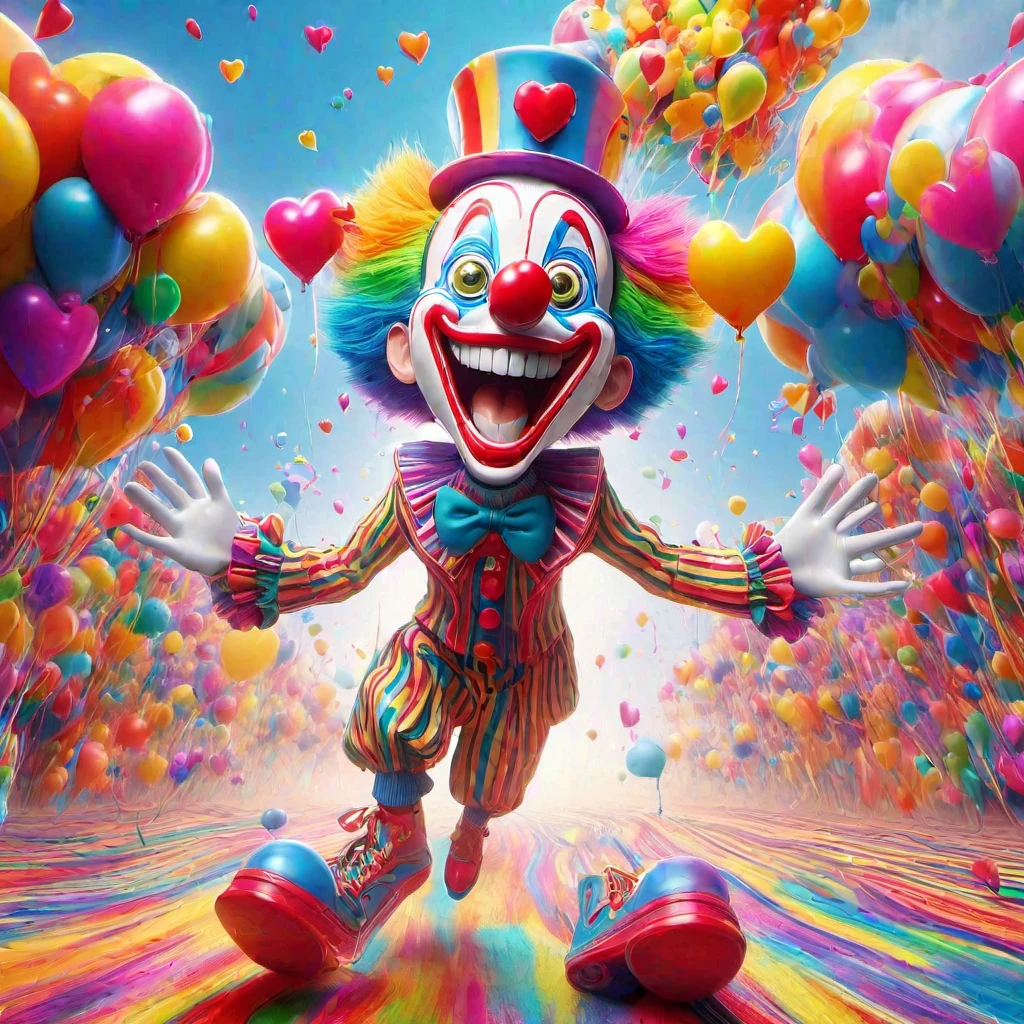 1boy, solo, Dressed as a clown, Grinning, Laugh out loud, big eyes, sparkling, Slender figure, Dressed in chaotic and brightly colored clothes, Wearing a fancy hat with a heart symbol, Baggy pants, Oversized shoes, Vivid expression of excitement, Arms open, The background is an otherworldly landscape hovering, Full body shot, Cartoon Style, Created with C4D and Blender, ccurate, Blind box toy style, Super Detail, anatomically correct, masterpiece