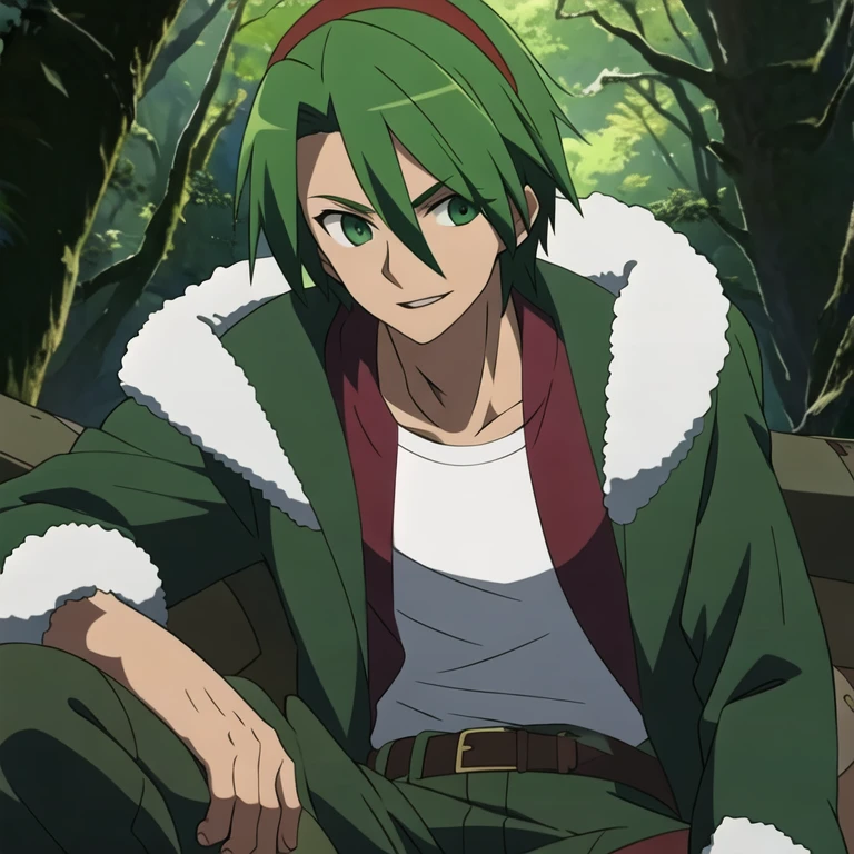 (masterpiece, best quality:1.2), 1guy, solo, young man with shoulder-length green hair that covers his left eye, green eyes and red goggles on top of his head. He wears a long, green jacket with a fur-trimmed hood over a white and red ringer shirt and blue jeans with brown shoes. Young teenage boy,