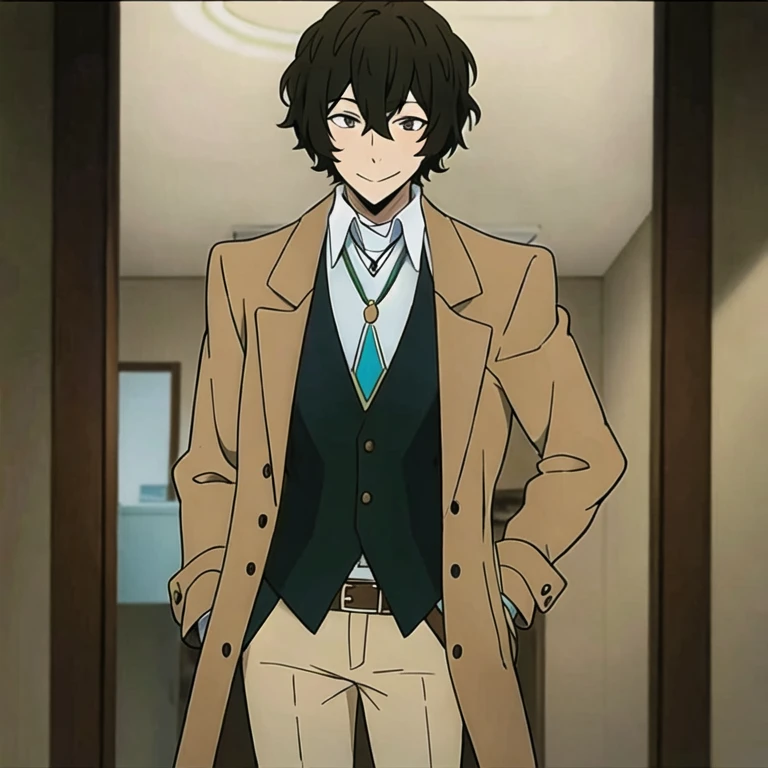 (masterpiece, best quality:1.2), 1guy, solo, is a young man with mildly wavy, short, dark brown hair and narrow dark brown eyes. His bangs frame his face, while some are gathered at the center of his forehead. He is quite tall and slim in terms of physique. For his attire, he wears a long sand-colored trench coat, the belt of which he leaves untied. Under it is a black vest over a striped dress shirt that is light blue in hue. He wears a bolo tie, which is held by a brown ribbon and a turquoise pendant. He also dons beige pants, dark brown shoes, and has bandages wrapped around his entire body; only his face, hands, and feet are left uncovered.