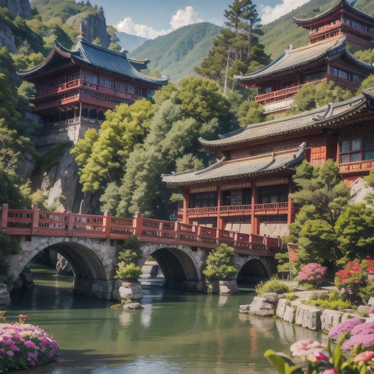 there is a painting of a china garden with a bridge and flowers, scenery artwork, dreamy china town, china 3 d 8 k ultra detailed,china town, oriental scene,china village, oriental wallpaper, inspired by Hiroshi Yoshida, inspired by Yoshida Hanbei, ross tran. scenic background, china landscape, scenery art detaileda