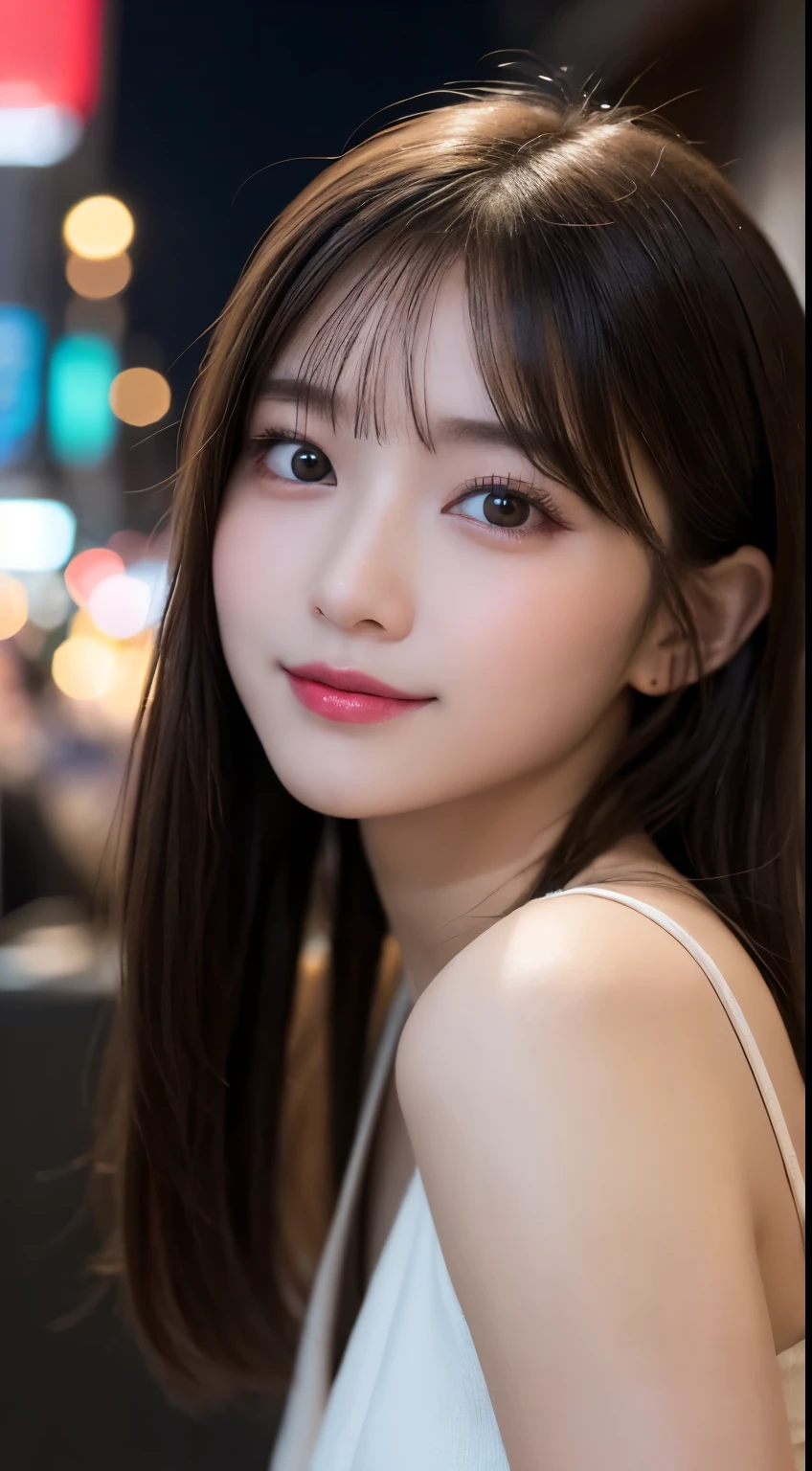Tabletop, highest quality, shape, Very detailed, finely, High resolution, 8k wallpaper, 完璧なダイナミックな構shape, Beautiful and exquisite,ランダムなcute髪,,Natural color lip, Bold sexy pose,smile、20-year-old girl、cute、Looking into the camera,Always blur the background,Perfect and beautiful face,Slim face and figure,Big eyes、Putting on gal makeup,Small face,Shooting from below、smile,Blurred Background,Elegant feminine face、Cyberpunk Fashion、Night Sky