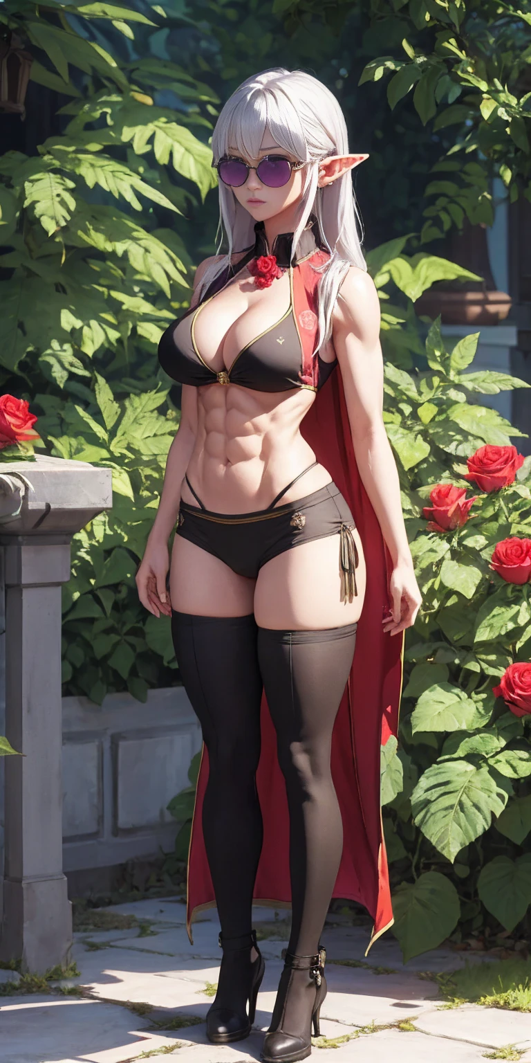Full body, masterpiece, female drow elf purple skin standing pose (yellow tiger bikini), red cape, red bikini, long white hair, strong body, abs, Shiny Skin, Sunglasses, FEMALE, big breasts, voluminous breasts, curvy breasts, mesh stockings, standing with a bouquet (red roses), full height, bottom view, best quality, very detailed, ultra 8k resolution,huge breast, coat , vest, long skirt, portrait, full body, victorias clothing, long dress, knight, pants, black skinn suit, medieval city, plants, vest,polo shirt, forest, long skirt
