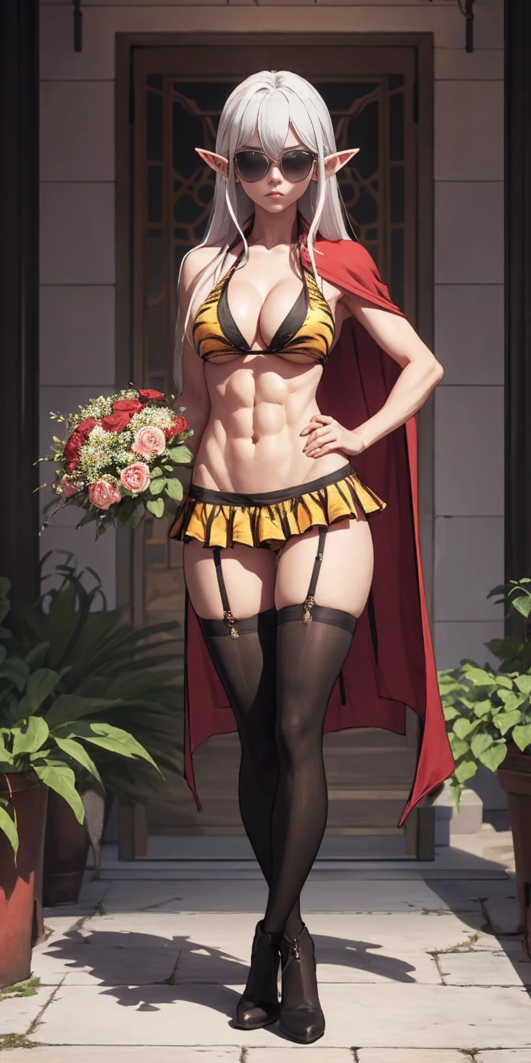 Full body, masterpiece, female drow elf purple skin standing pose (yellow tiger bikini), red cape, red bikini, long white hair, strong body, abs, Shiny Skin, Sunglasses, FEMALE, big breasts, voluminous breasts, curvy breasts, mesh stockings, standing with a bouquet (red roses), full height, bottom view, best quality, very detailed, ultra 8k resolution,huge breast, coat , vest, long skirt, portrait, full body, victorias clothing, long dress, knight, pants, black skinn suit, medieval city, plants, vest,polo shirt, forest, long skirt