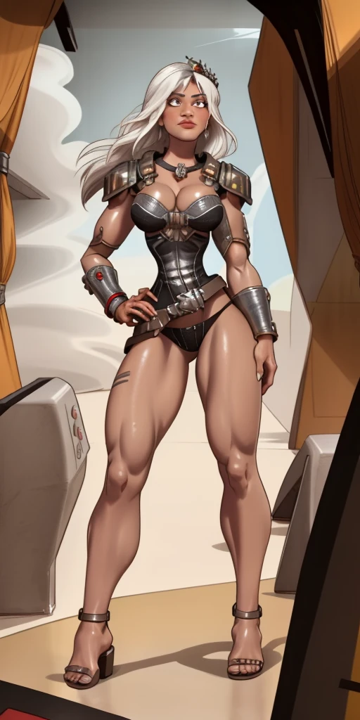 full body, whole body. loincloth standing, lefthand on hips and righthand behind head full body, 1solo (girl) slave fighter, metal sandals, choker, big belt, view from below, barefoot together, bracers, tiara, leather collar choker neck bell, cleavage, shackles wristbands, long messy white silver platinum hair