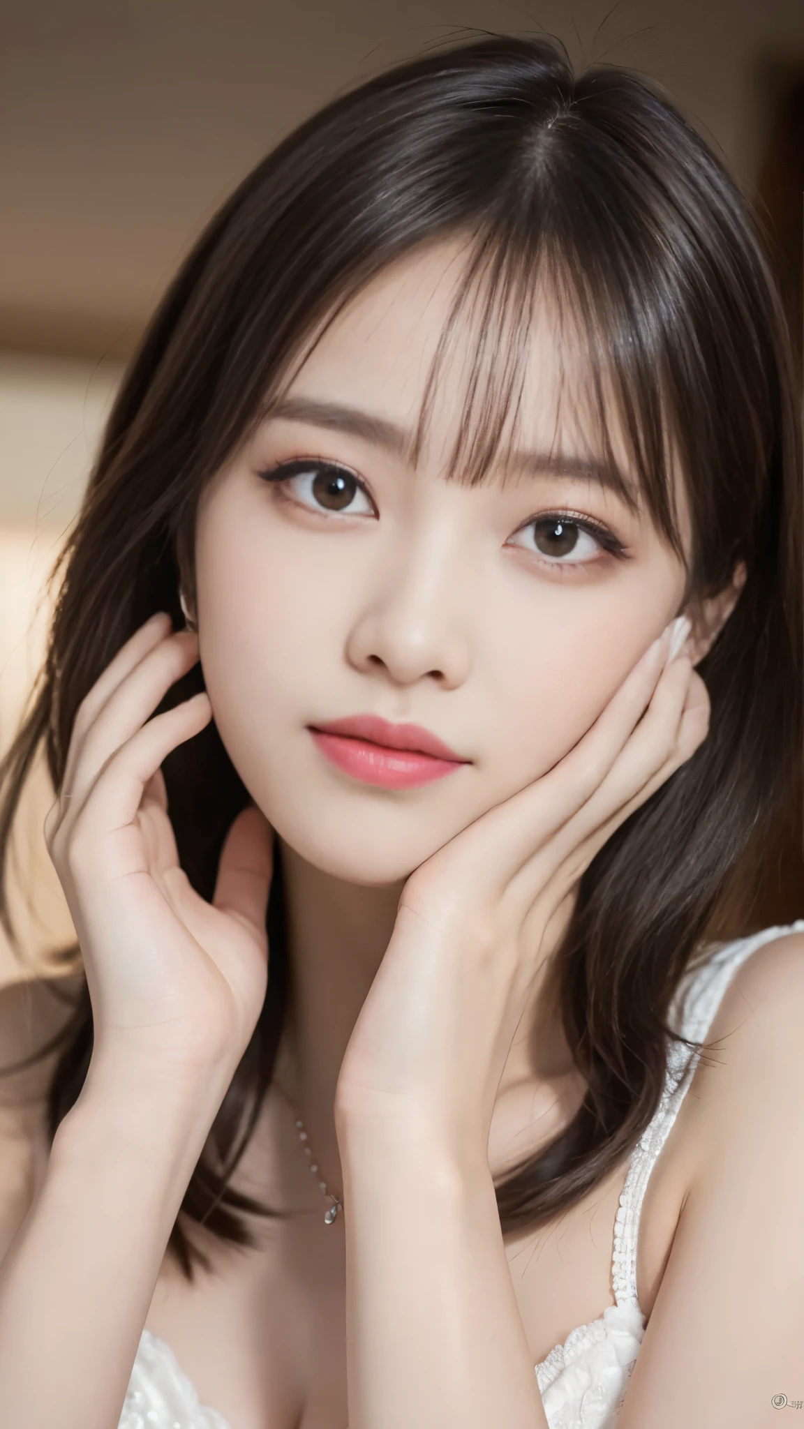 highest quality, White skin, Real human skin, (detailed), Oval Face, pore, Ultra-high resolution, (8k, Raw photo, Realistic: 1.4), One Girl, slim, (Gentle, goddess-like eyes) happiness: 1.2), (Lip gloss, eyelash, Gloss Face, highest quality, Ultra-high resolution, Wide Lighting, Natural Shading),Big Breasts,Sexy expression