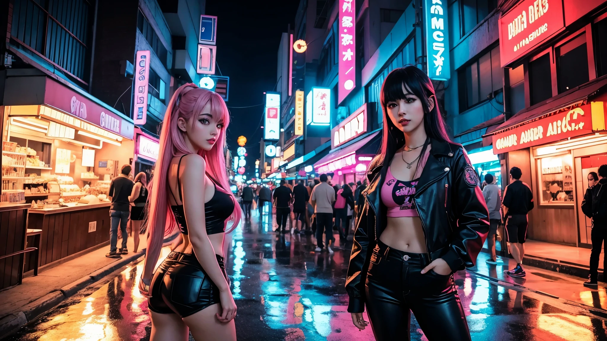 foto cute anime grirl, cute, aproximada, corpo inteiro, desenho, mango, night,  cyberpunk, retrowave scene, anime, 16x9, city night, estudantes, fliperamas, neon, pouca roupa, Photogenic, exibicionista, 2d, colorido, arcade, uma garota em uma cidade de neon retrowave , personagens de anime, anime style, 2d, desenhado, not 3d, unrealistic.

