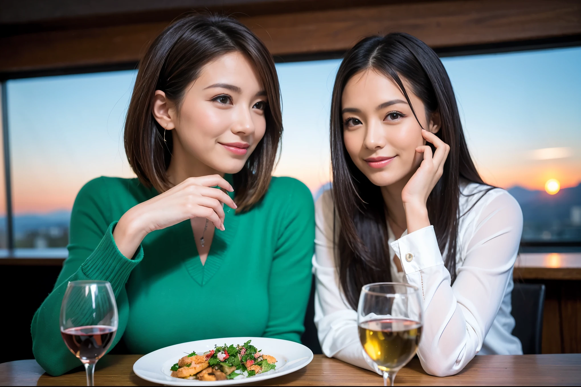 ((highest quality、8k、masterpiece:1.3))、1 male 1 female、lover、Beautiful couple、smile、full-course dinner、 (Slim face), (the body is スリム), (Brown Hair), (Shortcuts), ((Bob Hale、Straight hair:1.2)), テーブルの上のwine glass、Please shine a light on my face、 Amazing view of the sunset sky and clouds、Amazing mountain views、smileの美しさ、Bright image、Blushing, Shortcuts,Bright Face、 (Age 37), 39 years old, red wine 、Appetizers、Italian food、Wine bottle、Champagne、sparkling wine、Long sleeve shirt、dress、Attractive beauty、restaurant, Nova Frog Style, actress, model, Upper Body, White wine, red wine, wine glass, 