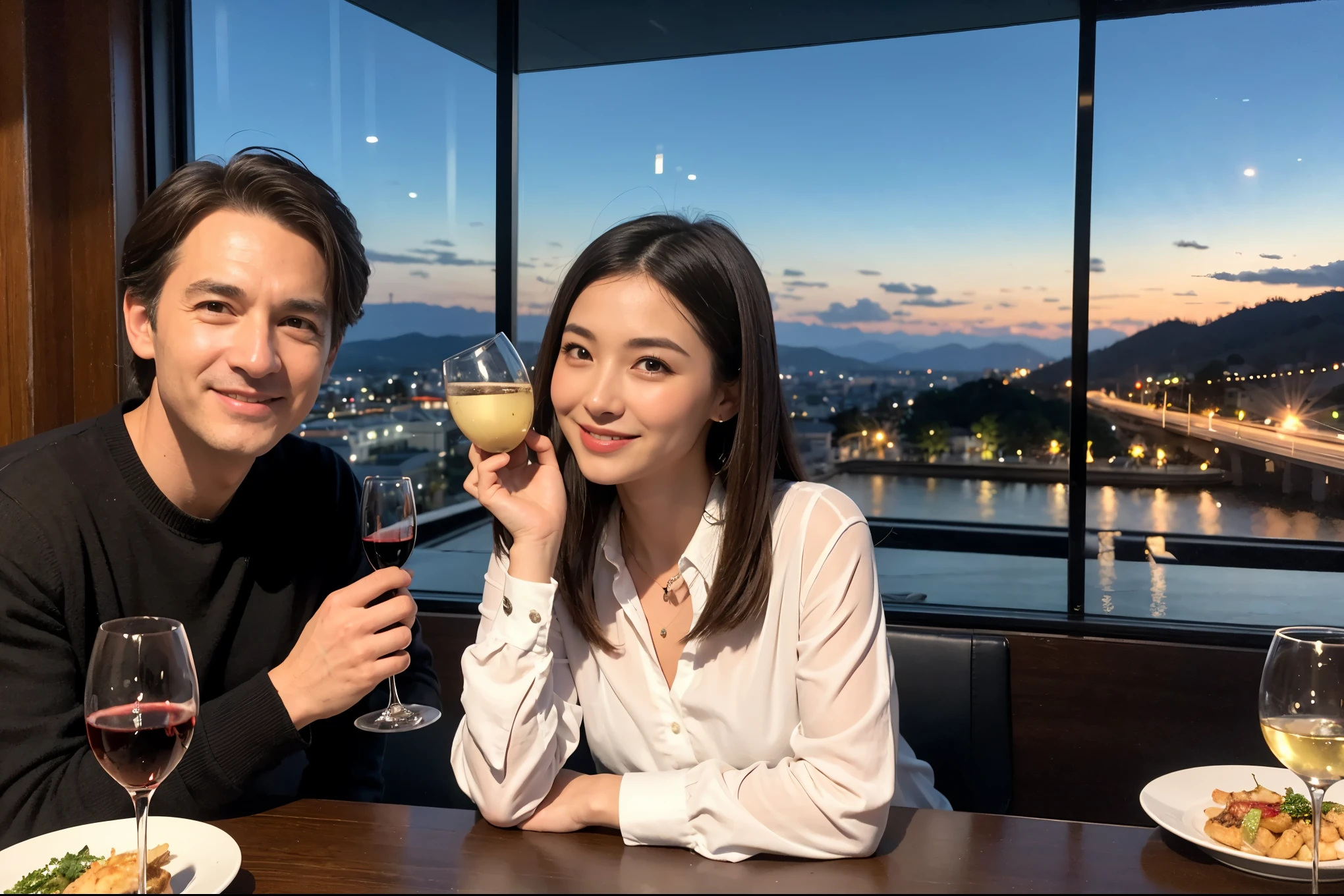((Highest quality、、masterpiece:1.3))、1 male、1 female、37 years old 39 years old、Slim Beauty、Beautiful couple、Upper Body、smile、 (Slim face), (the body is スリム), (Brown Hair), (Shortcuts), テーブルのフルコースディナーとwine glass、Amazing view of the sunset sky and clouds、smileの美しさ、Wine bottle、sparkling wine、Long sleeve shirt、dress、White wine, red wine, wine glass, Beautiful fine grain, Depth f/2,saturation, High Contrast, Strong light and shadow,Moist Body:1.5、3D texture、The hair is very shiny、