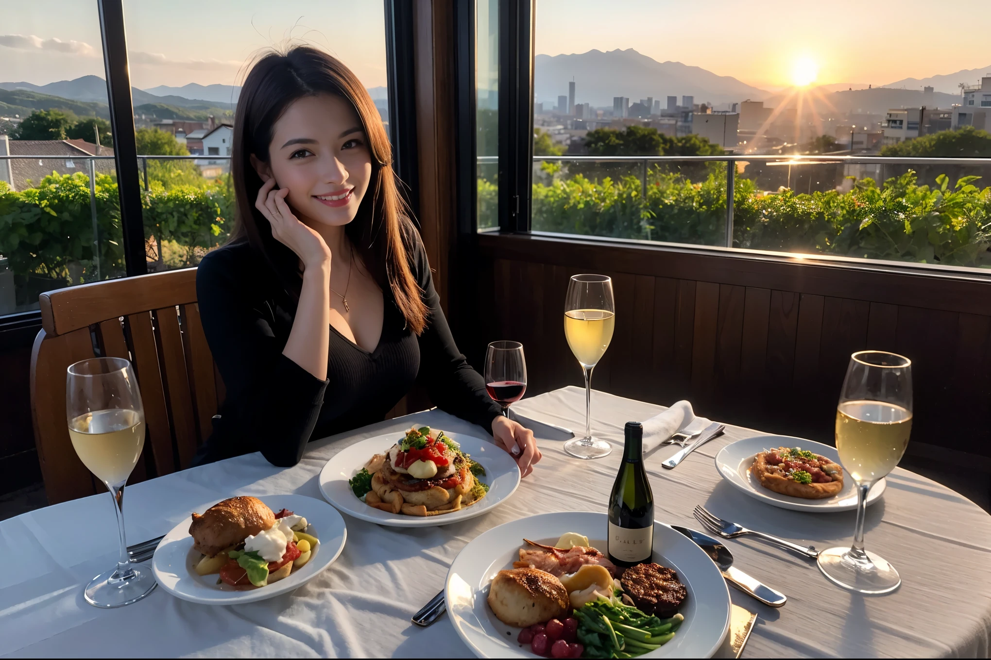 （Realistic:1.1）,(masterpiece,Highest quality)，8k,(49 years old), 53 years old, ベリーslimボディ、slimカップル、Tight waist,Upper Body,full-course dinner、wine 、Amazing view of the sunset sky and clouds、Perfect Anatomy, Brown Hair, short hair,Random Hairstyles,((Highly detailed face and eyes:1.2))，Perfect golden ratio face，Long sleeve shirt、dress,(smile:1.2)、Shortcuts、cute、(Realistic, Intricate details:1.2), A bright smile、short hair,Bright Face、赤wine 、Appetizers、Italian food、wine bottle、Champagne、スパークリングwine、(slimな顔), (The body is slim), (Brown Hair), (Shortcuts),  Upper Body, 白wine, slim, wineグラス, 