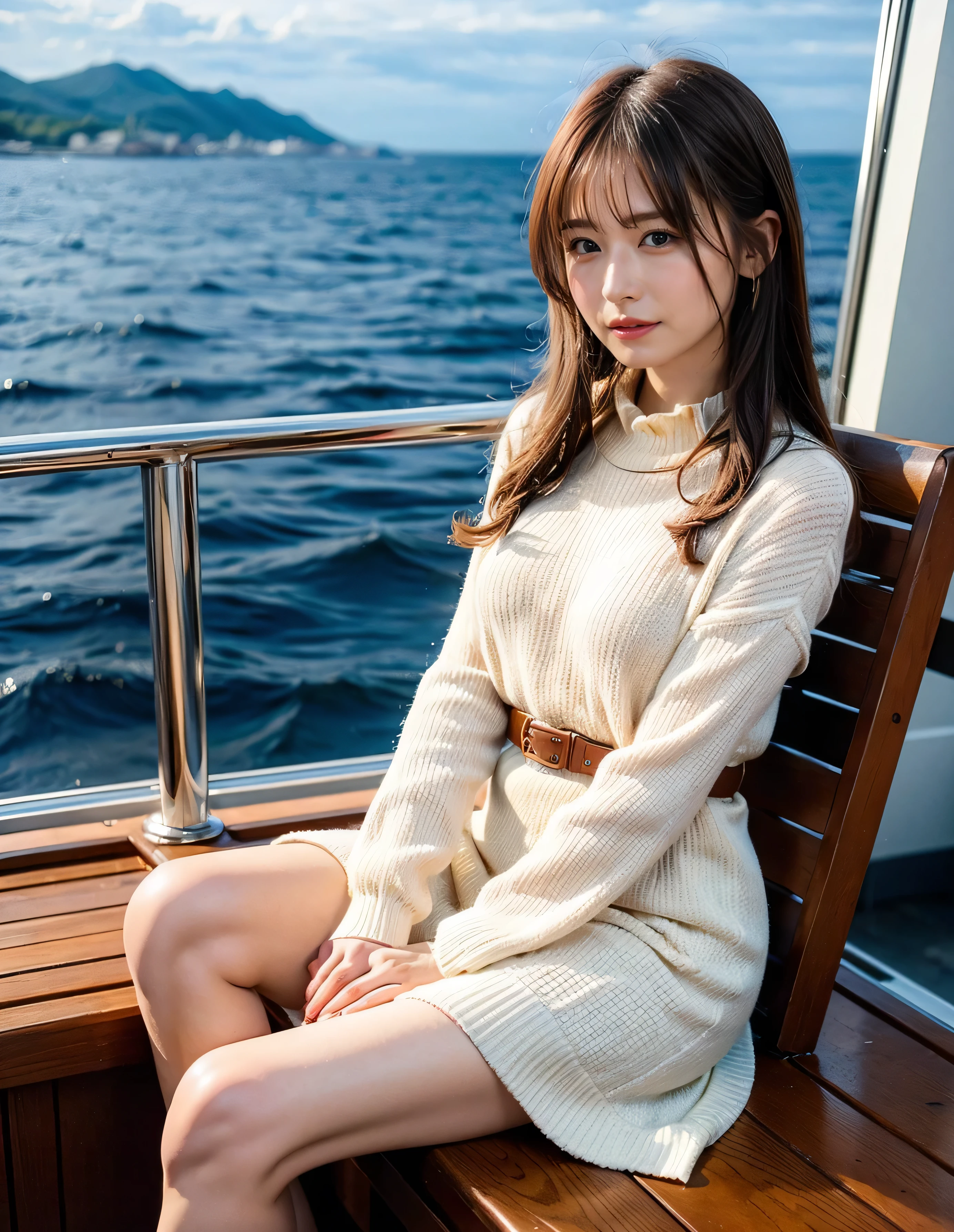 (Summer knitwear、Summer Sweater:1.1) ,smile、The Titanic is moored alongside、Brown beige color hair、Woman standing on a boat、Light brown hair、Elegant hairstyle、Blue Eyed Woman、A woman with a cute upward gaze、When the sky gets dark、The gentle light of the ship shines、When the sun goes down the sky turns red、Tight clothing that shows your body lines、、A nice blouse or collared shirt、The first button of her blouse is lewdly open、Genuine Leather Belt、革のShort skirt、Dress elegantly着こなす、Luxury Bags、、((Medium Short Hair:1.4))、Skyscrapers seen across the sea、Manhattan 私sland is visible offshore、Woman on a sightseeing boat、、The sun shines on her、Light brown hair、Light brown hair、The sky was dyed red、There are clouds、private's cute、An elegantly dressed woman is sitting on a boat and watching the sunset、Her ample breasts are obvious even through her clothes..、The shining sun is so beautiful、Dusk is approaching、Lens flare、I can see the sunset、((Sunlight reflecting off the ocean、Ocean View、The sun shines on the sea、'beautiful.、Small earrings、private'evening、Birds are also flying、、Brown Hair Color、Tying up hair、The woman is on the right:1.4))、Luxury Leather Belts、Shiny clothes、Light beige hair color、Background Blur、Braid only the front hair、Light brown hair、{{Cowgirl Shot}}、((Close-up shot from the waist up、Ample breasts:1.4))、Smile、Silk clothing、Ample breasts that can be seen even through clothes、Braid only the front hair、Cowboy Shot、Gorgeous white collared silk shirt and brown skirt、Dress elegantly、Luxury Bags、A lovely smile、((Ample breasts))、Full body photo、ring、Short skirt、Tuck your hair behind one ear、Silver Necklace、smile、 Elegant ponytail、Caustics、Highly detailed photos、Very beautiful and ideal short hair、Super no makeup、(8k、RAW Photos、highest quality、masterpiece:1.2)、(Realistic、Realistic)、1 girl、((Medium Short Hair、Looking into the camera:1.4))、Hair blowing in the wind
