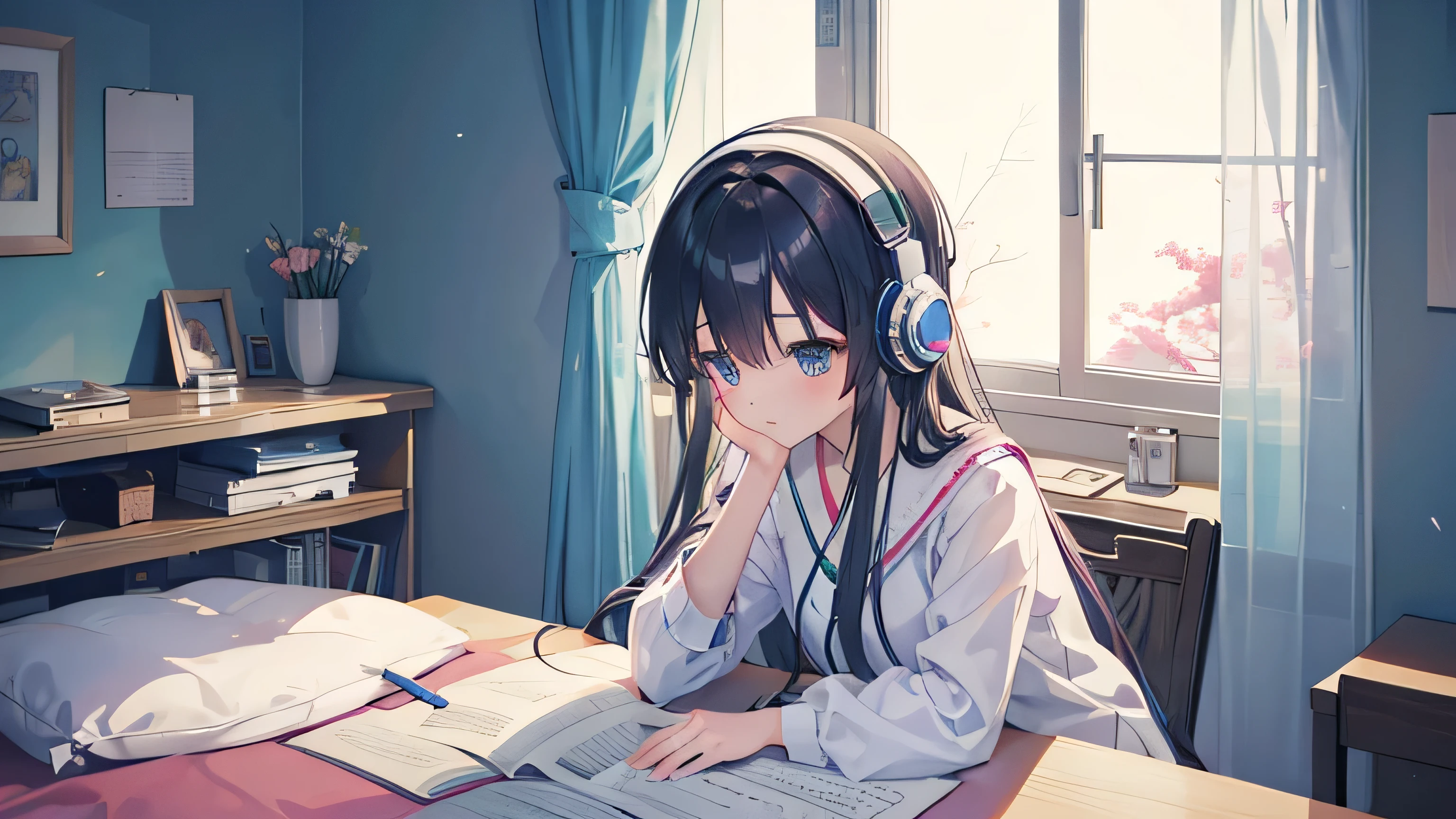 A beautiful girl studying in her room while listening to music with headphones。Warm lighting。Outside the room, trees are blooming in early summer.々is full of greenery。Japanese anime style。