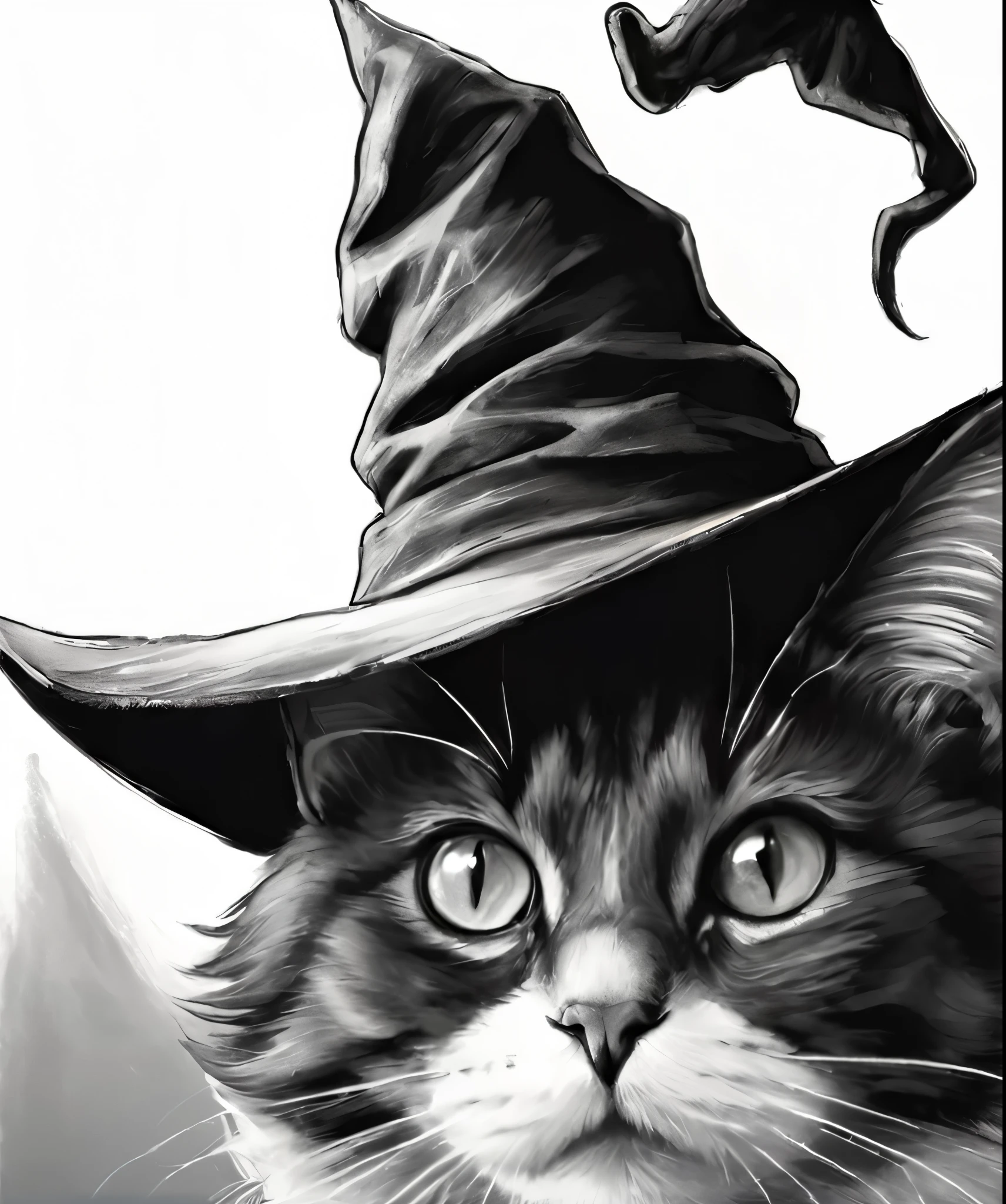 arafed gato wearing a witch hat and a collar, gato with a hat, gato. pintura digital, pintura digital highly detailed, gato wearing a top hat, oil painting of gato witch, monochromatic airbrush painting, portrait of a gato as a pirate, desenhado com photoshop, preto e branco realista, adorable pintura digital, retrato de personagem peludo, arte vetor preto e branco