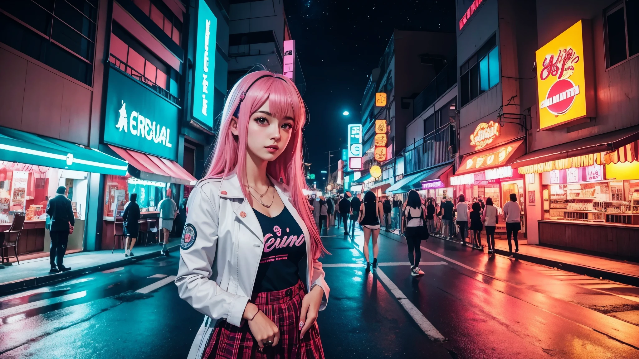 foto cute anime grirl, cute, aproximada, corpo inteiro, desenho, mango, night,  cyberpunk, retrowave scene, anime, 16x9, city night, estudantes, fliperamas, neon, pouca roupa, Photogenic, exibicionista, 2d, colorido, arcade, uma garota em uma cidade de neon retrowave , personagens de anime, anime style, 2d, desenhado, not 3d, unrealistic, garota colegial japonesa

