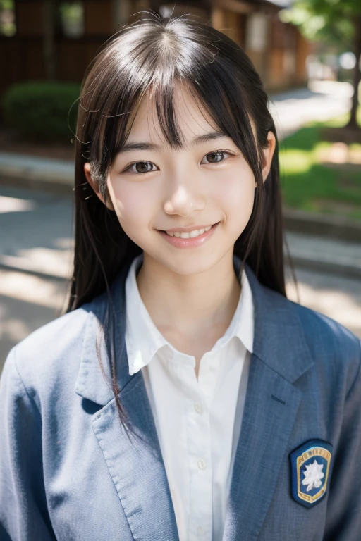 8k、, (highest quality),(RAW Photos), Full body photography、 (Beautiful 16 year old Japanese girl), Cute Face, (Deeply chiseled face:0.7), (freckles:0.4), dappled sunlight, Dramatic lighting, (Japanese School Uniform), (On campus), shy,, (smile),, (Sparkling eyes)、(sunlight)