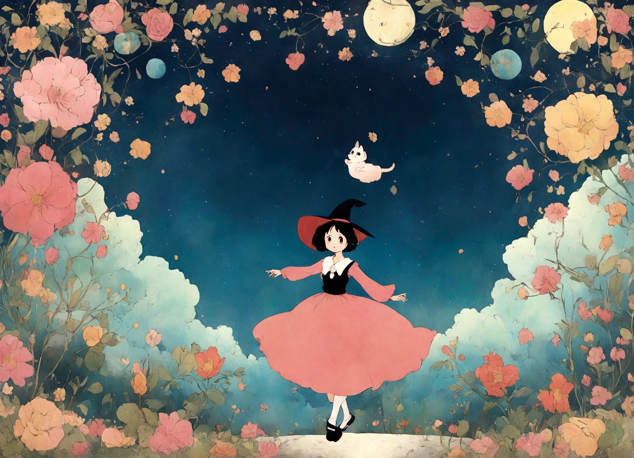 Kiki the Witch's Delivery Service、flying on a broom。With cat Jiji、hayao miyazaki style