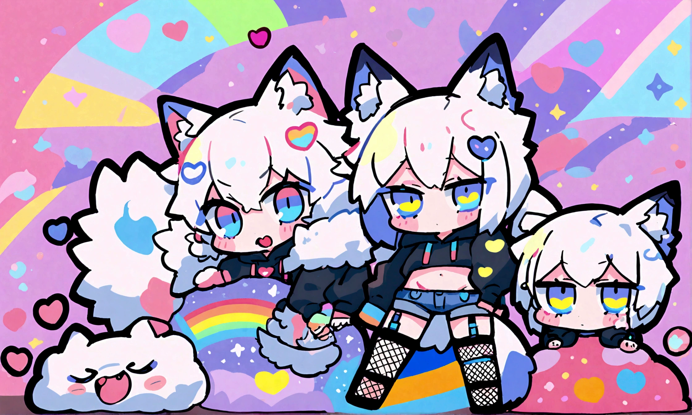 a cute chibi style adult male with wolf ears, white hair, has a wolf tail, wearing a loose cropped oversized black hoodie, wearing a pair of denim short shorts and fishnet stockings, thick thighs, wide hips, relaxing on mound of fluffy multi colored kawaii plushies, short, very slim, showing slender tummy, stretching out, heart on hoodie, squishy thighs, has glowing blue eyes. alone, solo (ALONE)(SOLO), surrounded by rainbows, colorful galaxy backround