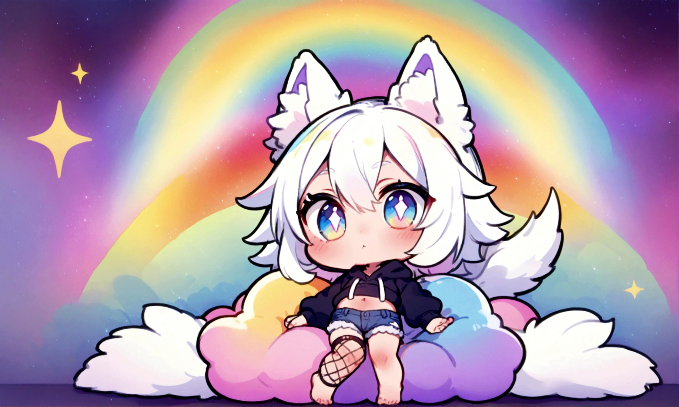 a cute chibi style adult male with wolf ears, white hair, has a wolf tail, wearing a loose cropped oversized black hoodie, wearing a pair of denim short shorts and fishnet stockings, thick thighs, wide hips, relaxing on mound of fluffy multi colored kawaii plushies, short, very slim, showing slender tummy, stretching out, heart on hoodie, squishy thighs, has glowing blue eyes. alone, solo (ALONE)(SOLO), surrounded by rainbows, colorful galaxy backround