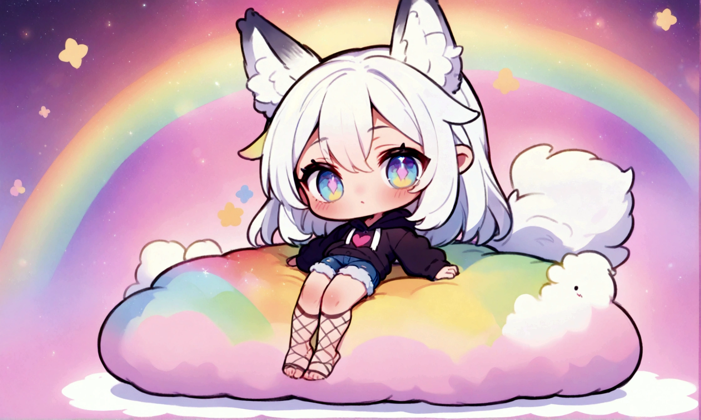 a cute chibi style adult male with wolf ears, white hair, has a wolf tail, wearing a loose cropped oversized black hoodie, wearing a pair of denim short shorts and fishnet stockings, thick thighs, wide hips, relaxing on mound of fluffy multi colored kawaii plushies, short, very slim, showing slender tummy, stretching out, heart on hoodie, squishy thighs, has glowing blue eyes. alone, solo (ALONE)(SOLO), surrounded by rainbows, colorful galaxy backround
