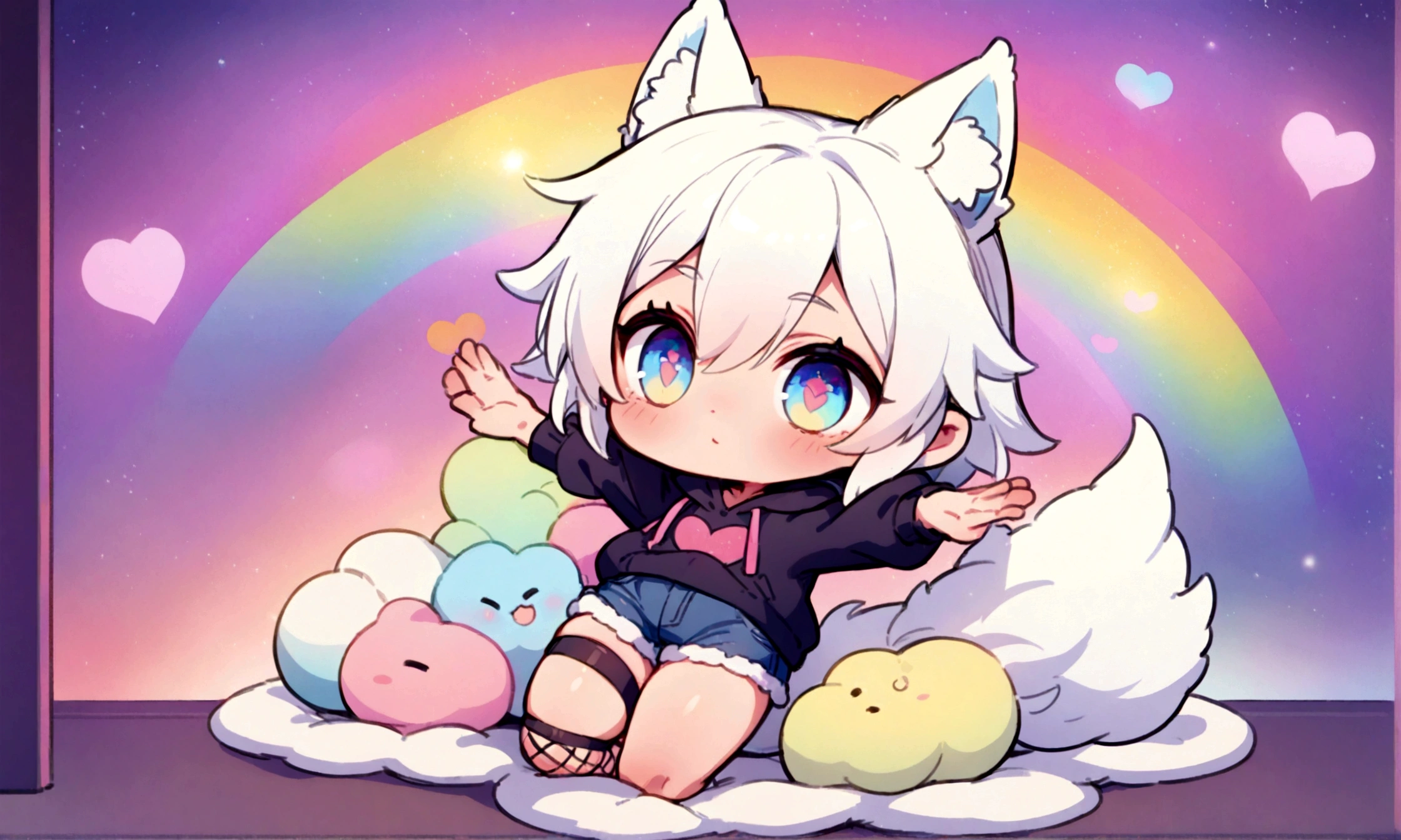 a cute chibi style adult male with wolf ears, white hair, has a wolf tail, wearing a loose cropped oversized black hoodie, wearing a pair of denim short shorts and fishnet stockings, thick thighs, wide hips, relaxing on mound of fluffy multi colored kawaii plushies, short, very slim, showing slender tummy, stretching out, heart on hoodie, squishy thighs, has glowing blue eyes. alone, solo (ALONE)(SOLO), surrounded by rainbows, colorful galaxy backround