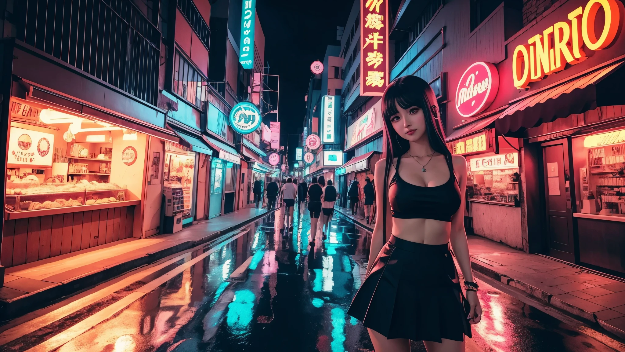 foto cute anime grirl, cute, aproximada, corpo inteiro, desenho, mango, night, cyberpunk, retrowave scene, anime, 16x9, city night, estudantes, fliperamas, neon, pouca roupa, Photogenic, exibicionista, 2d, colorido, arcade, uma garota em uma cidade de neon retrowave , personagens de anime, anime style, 2d, desenhado, not 3d, unrealistic, garota colegial japonesa