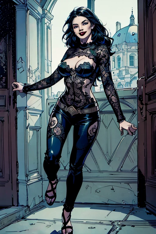 ((ultra realistic illustration:1.3)),(full body:1.4). Beautiful 24 yo woman of Irish descent. athletic figure,(pale:1.4)complexion. raven black hair, green eyes, cute butt, nice legs. Kind eyes,(joy:1.3),(smile:1.2). Red lipstick, sheer lace top, skinny jeans, sandals. Flirty.(masterpiece), 8k wallpaper,(highly detailed:1.2),(detailed face and eyes:1.2), cinematic lighting, high contrast, core shadows, bokeh.