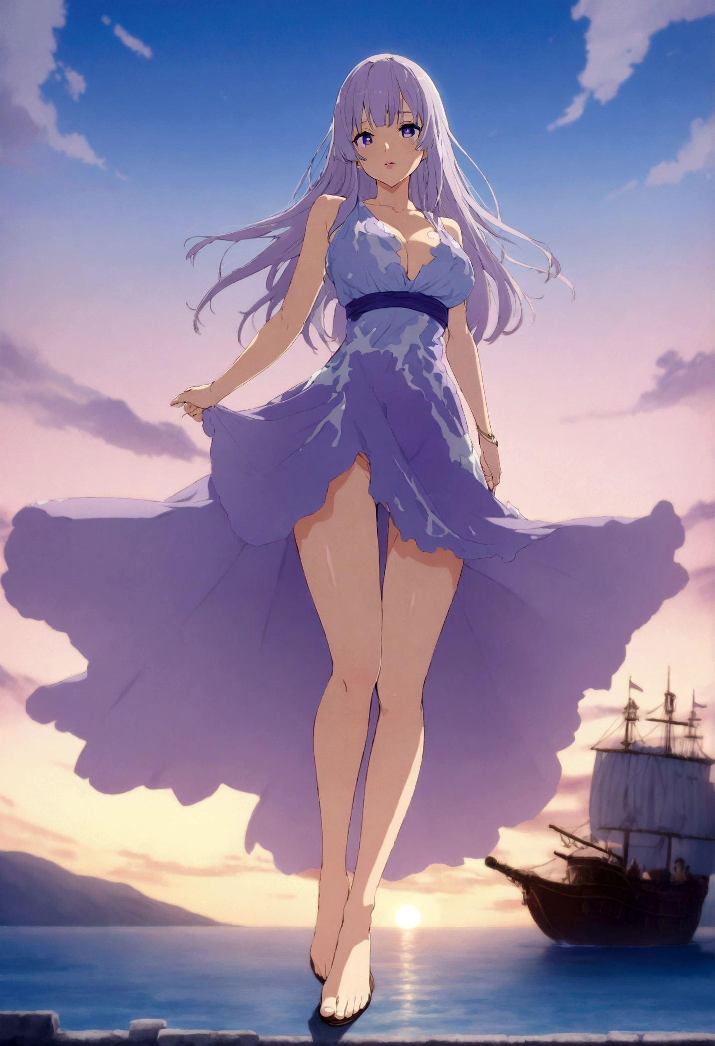 a beautiful woman with long lavender hair with white highlights, heterochromatic eyes with white moons in the pupils, full body, landscape at sunrise, pirate captain on her ship, extremely detailed face, beautiful detailed eyes, beautiful detailed lips, perfect proportions, jewelry intricate, fluid clothing pirata, warm colors, anime film composition, highly detailed, 8k, masterpiece