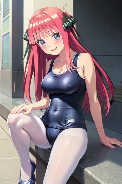 masterpiece, best quality, insanely detailed, beautiful, nino nakano, one-piece swimsuit, breasts, pantyhose, blush, smile, (school swimsuit:1.3), legs spread