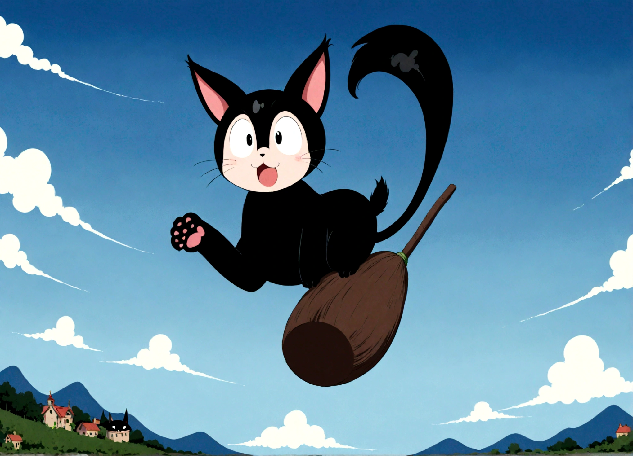 Kiki the Witch's Delivery Service、flying on a broom。With black cat Jiji、hayao miyazaki style