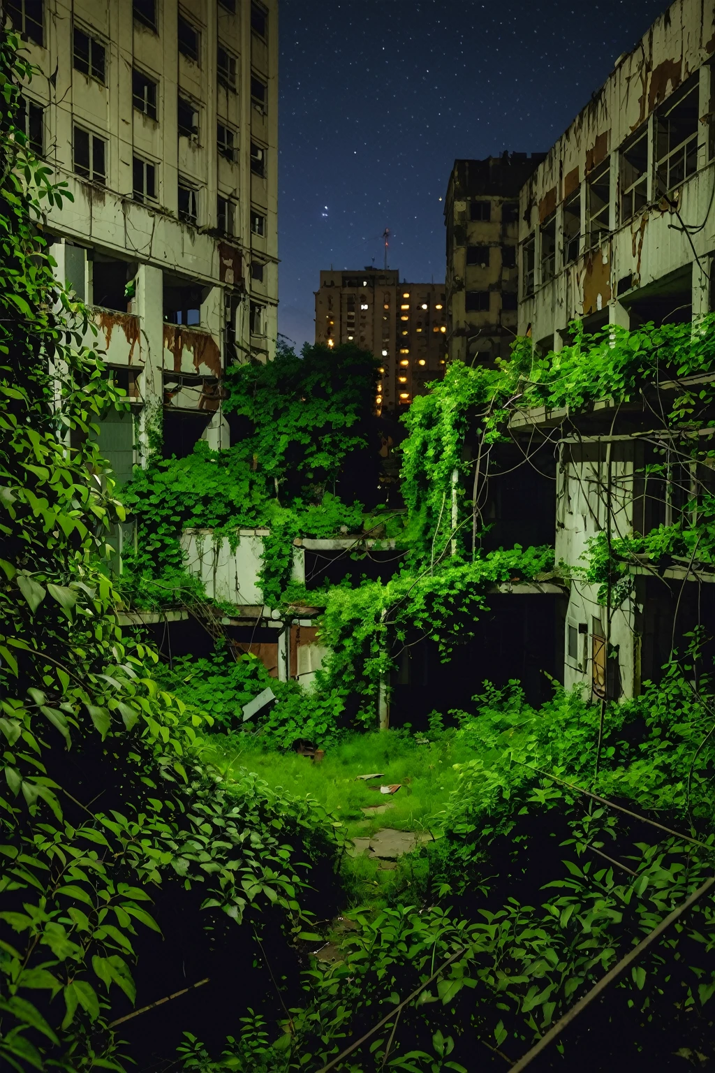 Abandoned Cityscape covered in greenery during night