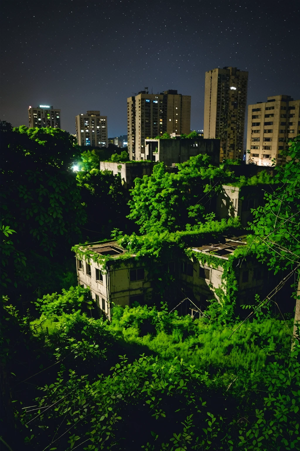 Abandoned Cityscape covered in greenery during night