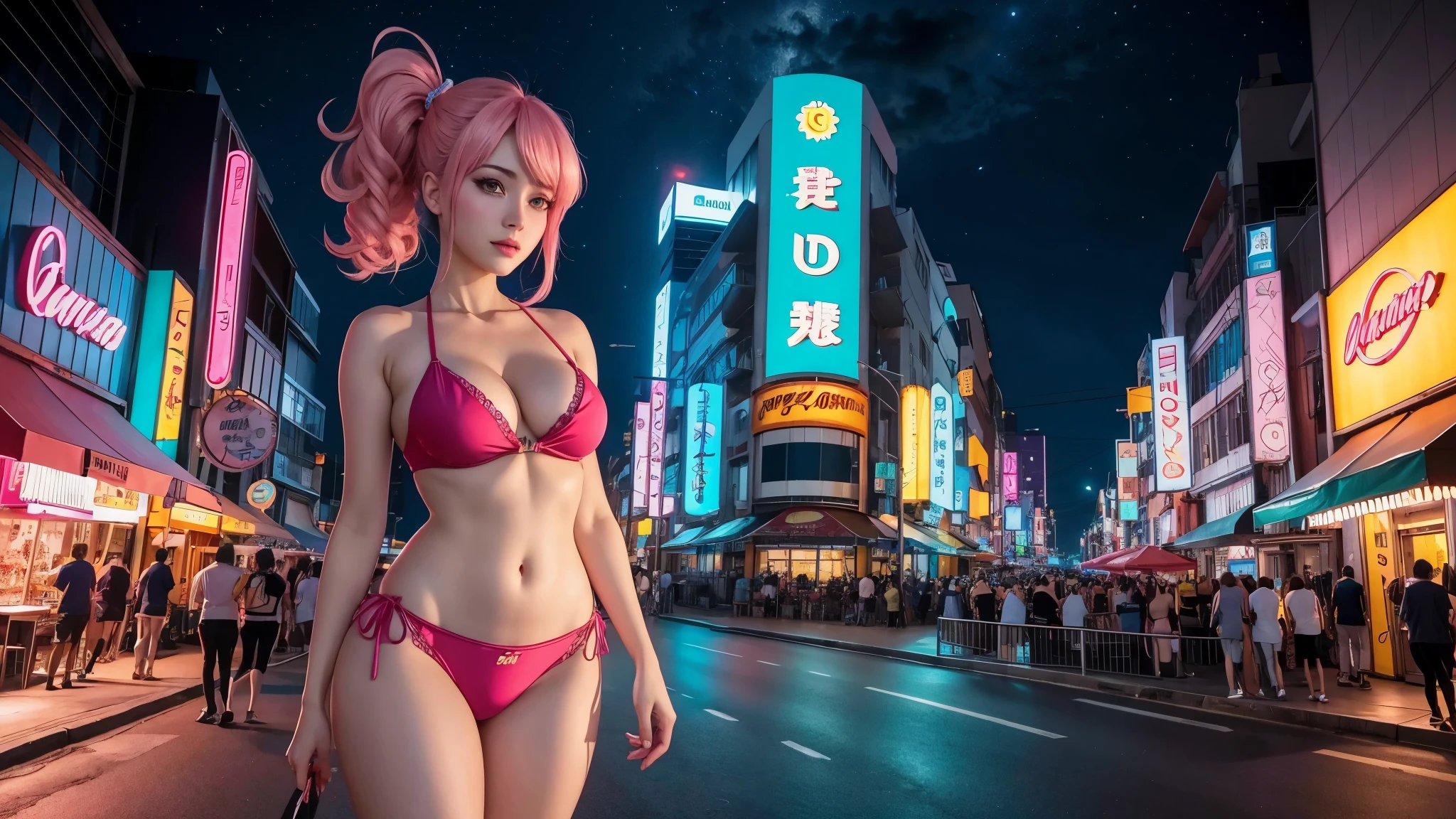foto cute anime grirl, cute, aproximada, corpo inteiro, desenho, mango, night, cyberpunk, retrowave scene, anime, 16x9, city night, estudantes, fliperamas, neon, pouca roupa, Photogenic, exibicionista, 2d, colorido, arcade, uma garota em uma cidade de neon retrowave , personagens de anime, anime style, 2d, desenhado, not 3d, unrealistic, garota colegial japonesa, anatomia perfeita, voluptuosa, sexy, linda, beautiful proportions, bikini, langerie,