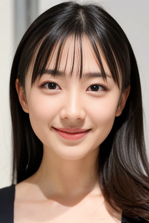A woman in natural clothing、High quality full body portrait、Big Breasts、Realistic、8k、highest quality、Very high resolution、The background is a blurry grey、glamorous、Coquettish look、Smile seductively、Beautiful and seductive face、Highly detailed eyes、Intimate Face、Highly detailed skin texture、White skin、Perfect hands、Perfectly proportioned skin、Elegant face、Beautiful black hair、Random Hairstyles、Full nudity、