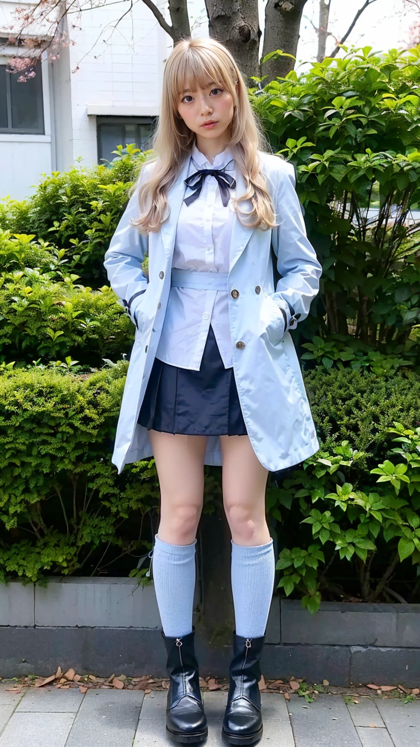 (8k、RAW Photos、highest quality、masterpiece:1.2)、(Realistic、Realistic)、1 girl、((Light blue coat、Blonde、Black Mini Skirt、Ribbon on chest、Knee socks、、Big Breasts、boots、whole body、garden、View from the front、Looking into the camera、Standing with hands on hips))、