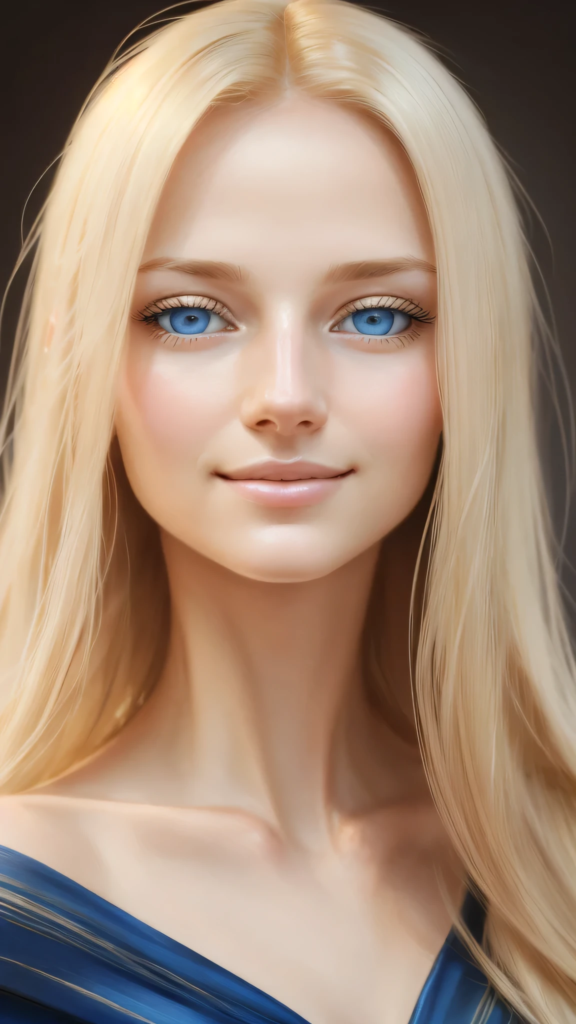 Soft portrait of a beautiful blonde woman, flowing golden hair, captivating blue eyes, delicate features, radiant smile, natural makeup, elegant attire, gentle expression, subtle blush, warm skin tones, ethereal lighting, soft shadows, high-resolution digital painting, realistic style, artistic interpretation, by a skilled portrait artist, ArtStation showcase.
