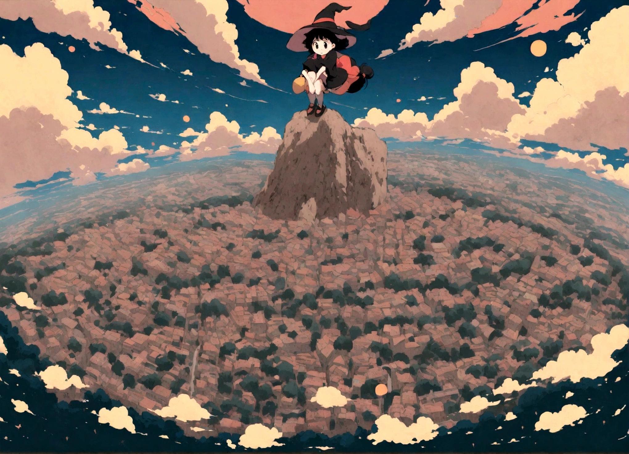 Kiki the Witch's Delivery Service、Flying over the city on a broom。hayao miyazaki style