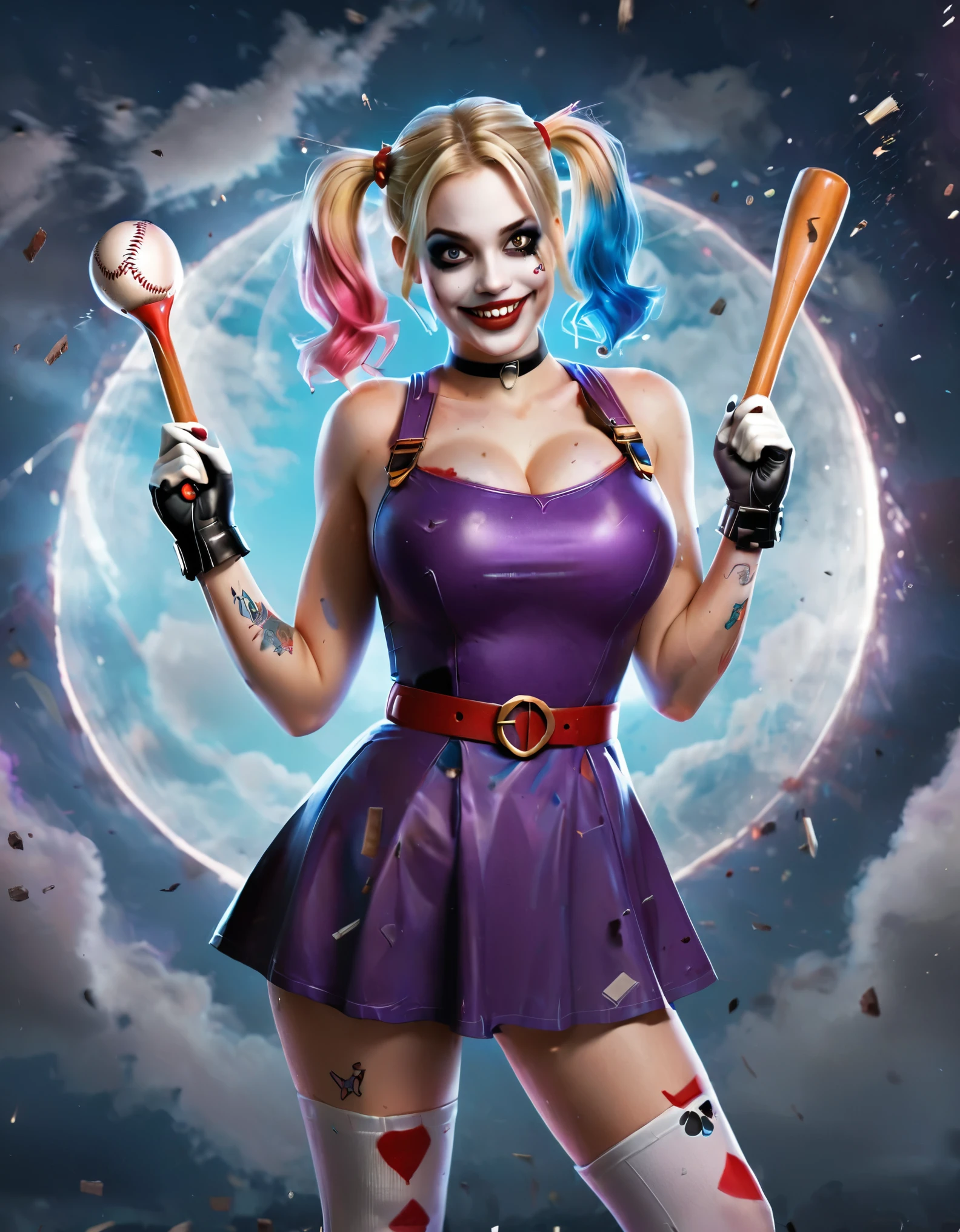 Create a vibrant and dynamic illustration of a character similar to Harley Quinn. The character should have playful and mischievous facial expressions, with a wide grin. She should have white face makeup with red and black designs resembling a clown, and her hair should be in two high pigtails, colored purple and blue. She is holding a wooden baseball bat over her shoulders, wearing a purple sleeveless dress that flares out with a red belt featuring a circular buckle. Her arms should display various colorful tattoos. The background should depict a dramatic night scene with a large full moon illuminating the sky. The sky should be painted with shades of purple and blue, and there should be dark, angular buildings in the background. The overall style should be bold, with strong lines and vibrant colors, giving a comic book feel. The atmosphere should be energetic and slightly chaotic, with flying debris and dynamic lighting effects. Ultra realistic photo, vibrant colors, 16k
